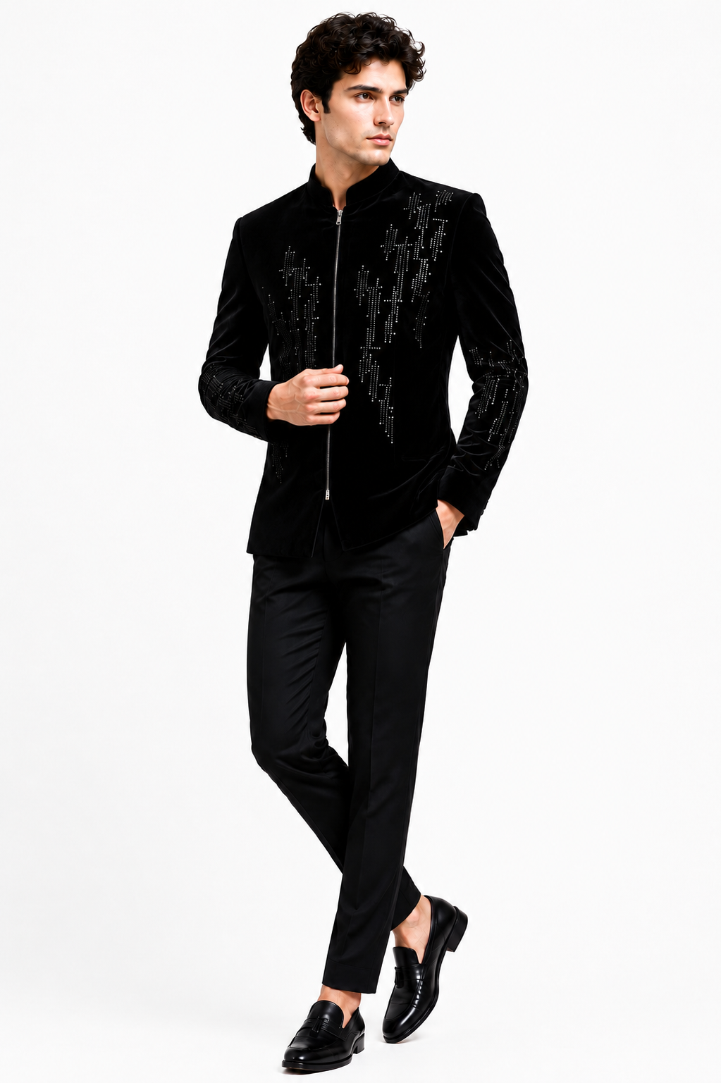 Black Velvet Zippered Embroidered Bandhgala Jacket