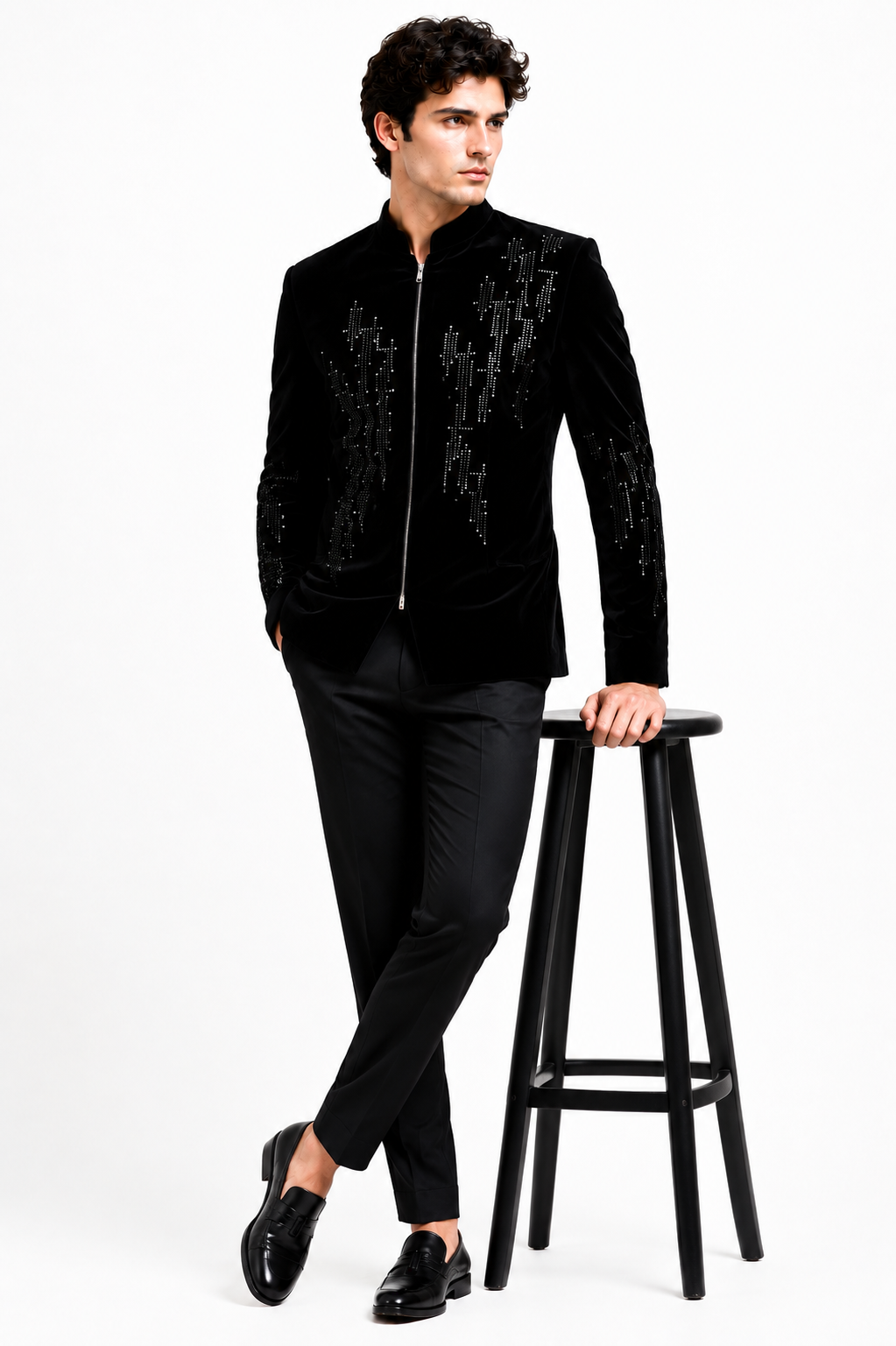 Black Velvet Zippered Embroidered Bandhgala Jacket