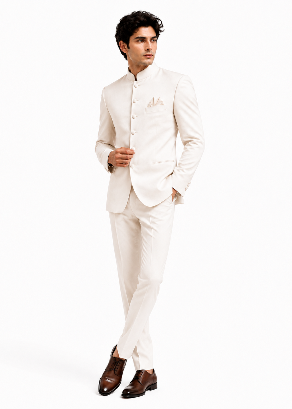 Slim White Bandhgala Suit