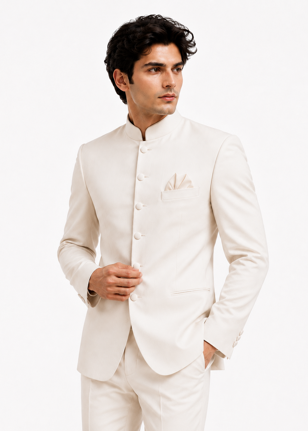 Slim White Bandhgala Suit