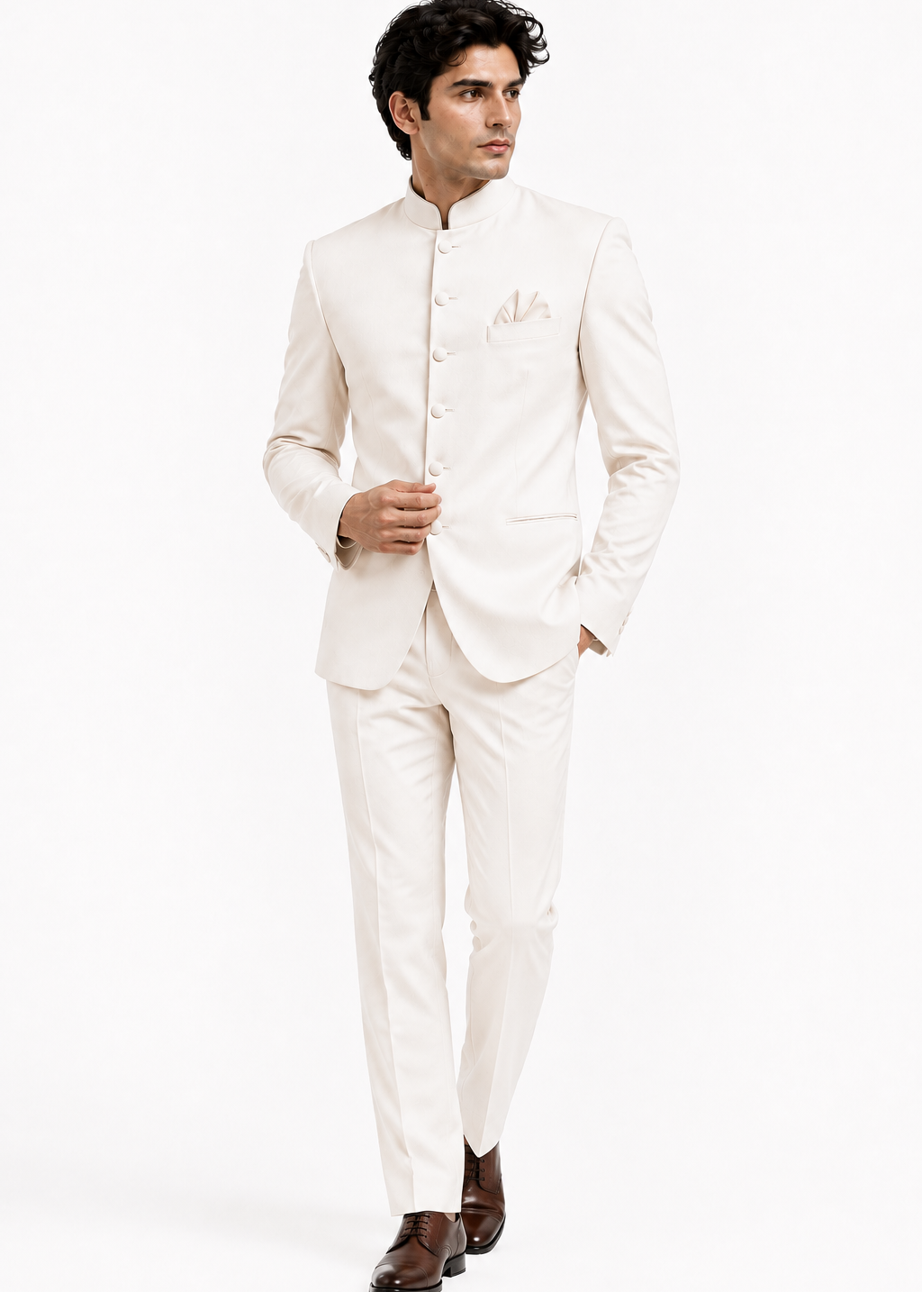 Slim White Bandhgala Suit