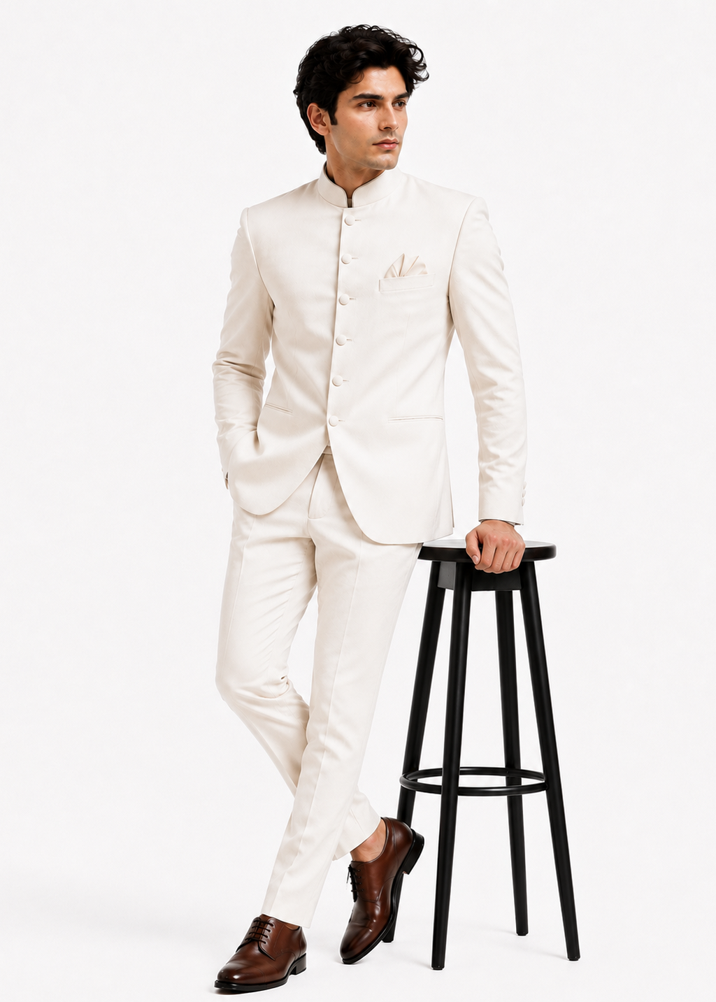 Slim White Bandhgala Suit