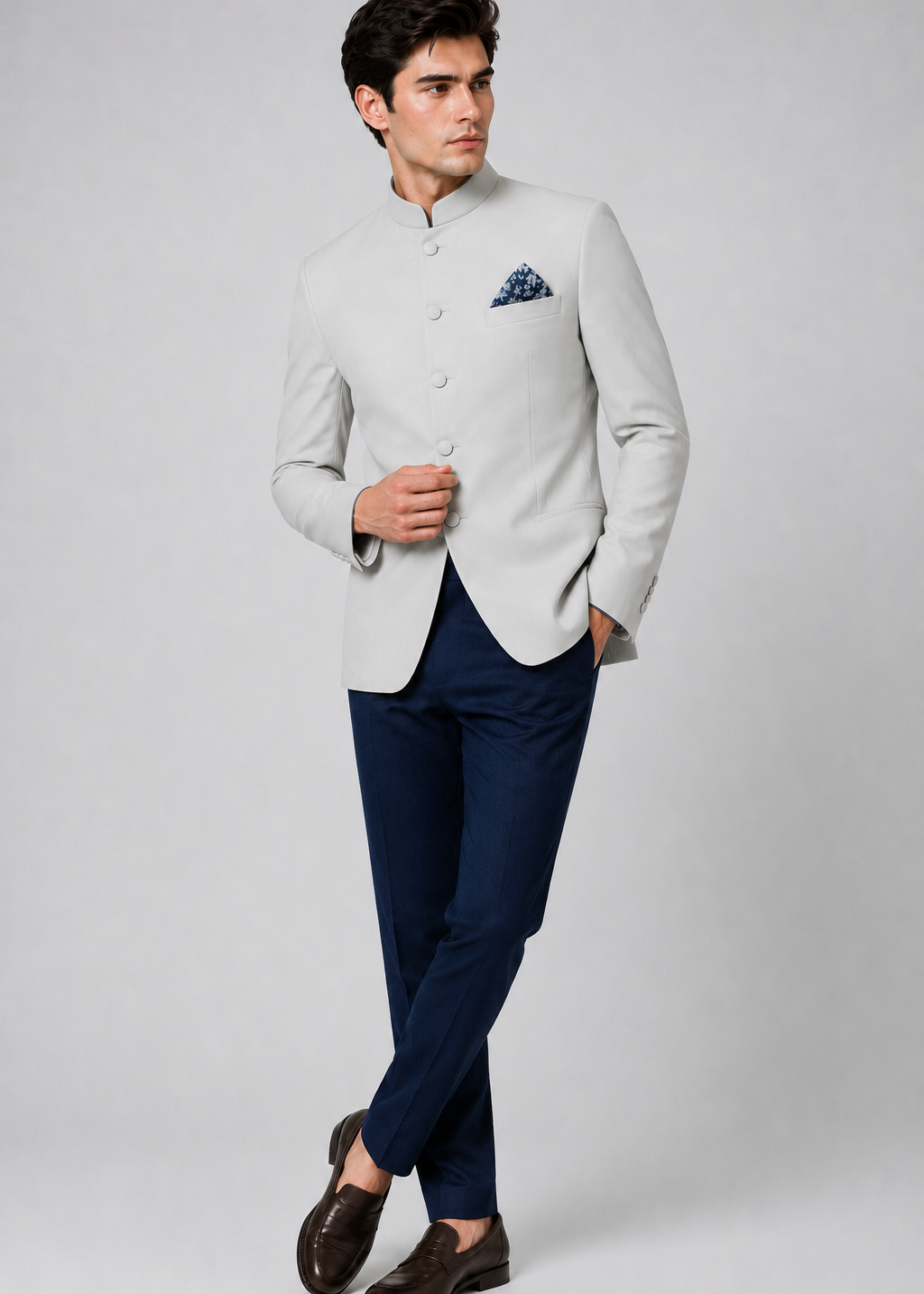 Light Grey Bandhgala with Navy Blue Trousers