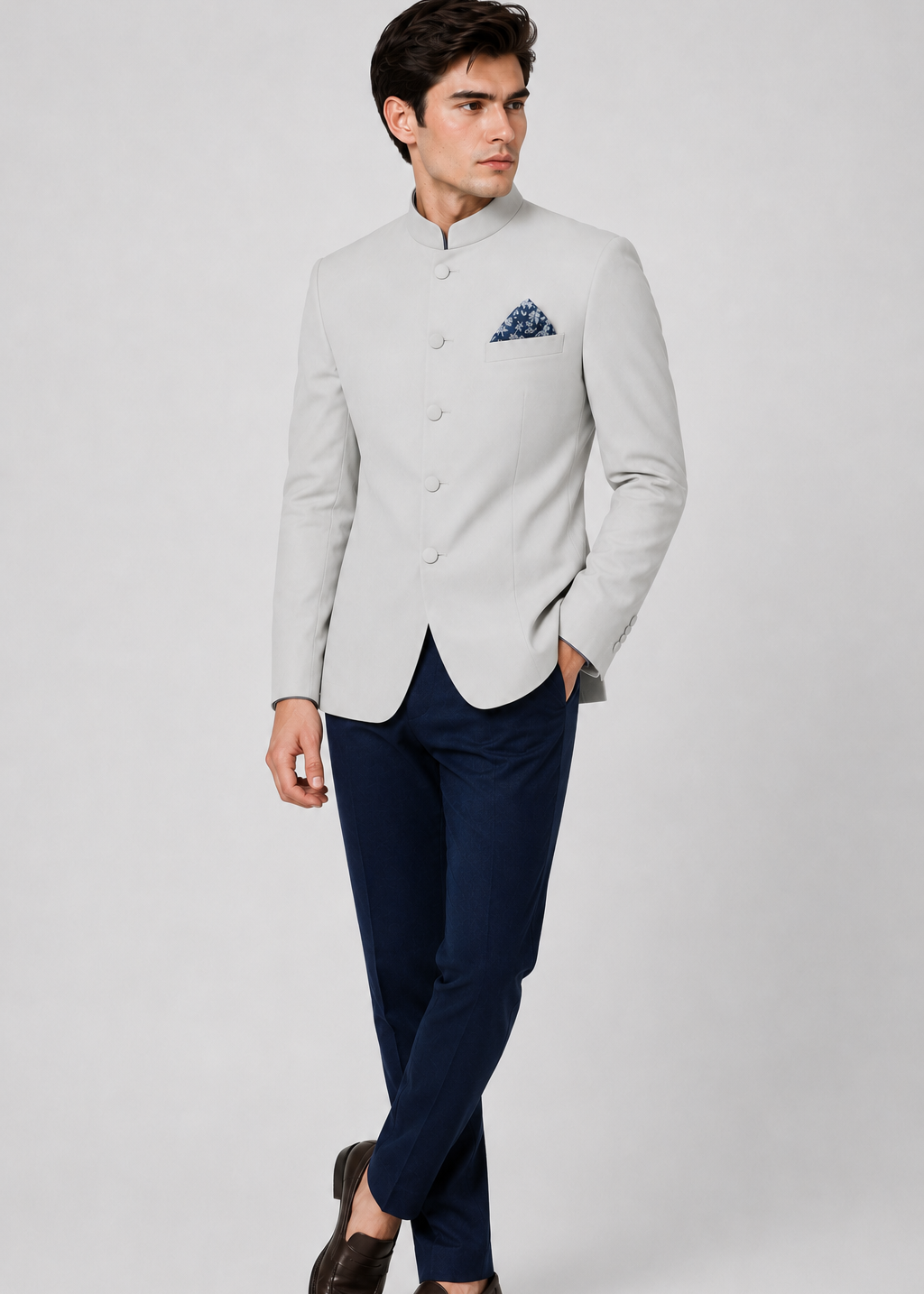 Light Grey Bandhgala with Navy Blue Trousers