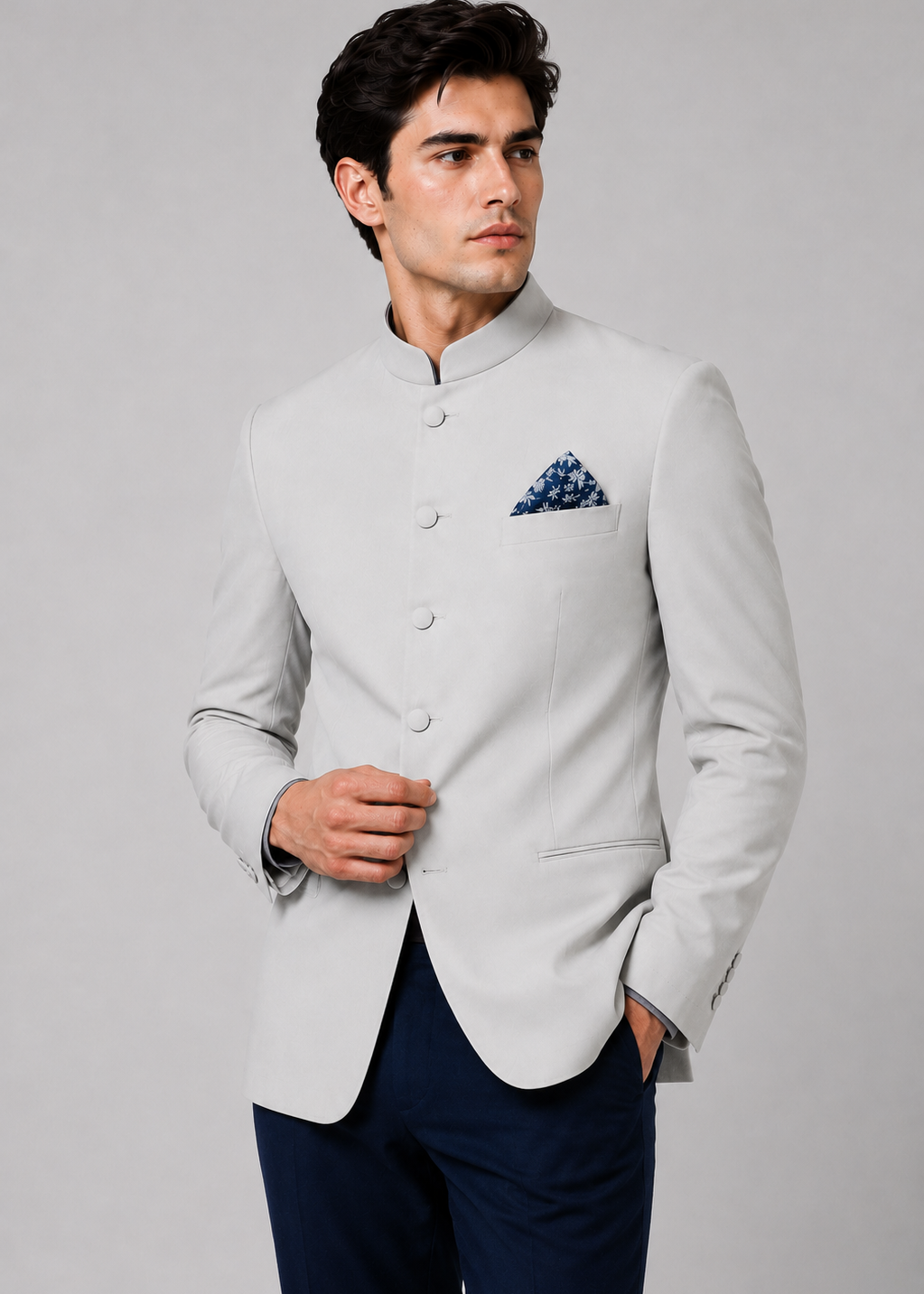 Light Grey Bandhgala with Navy Blue Trousers