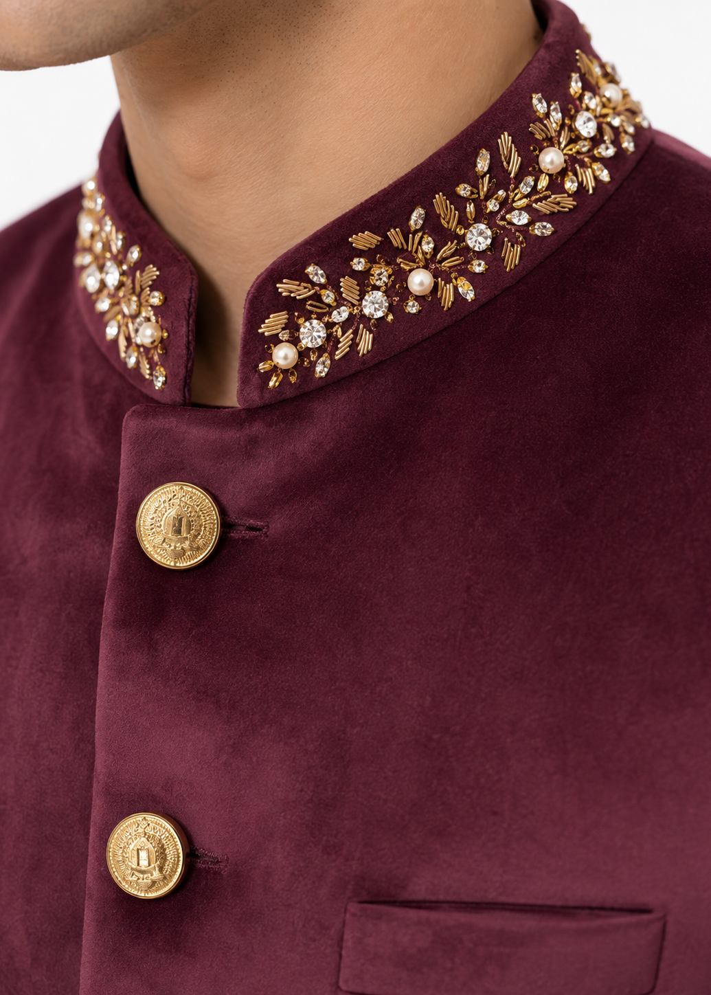 Deep Wine Velvet Jodhpuri with Embroidered Collar