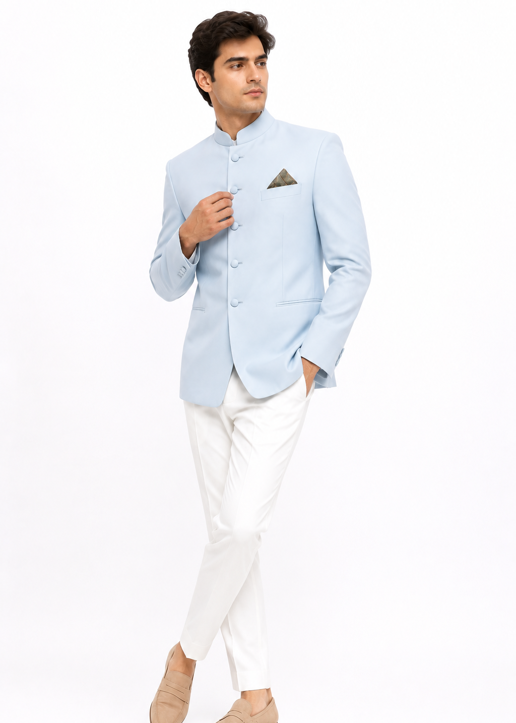 Powder Blue Jodhpuri Bandhgala Jacket with White Trousers