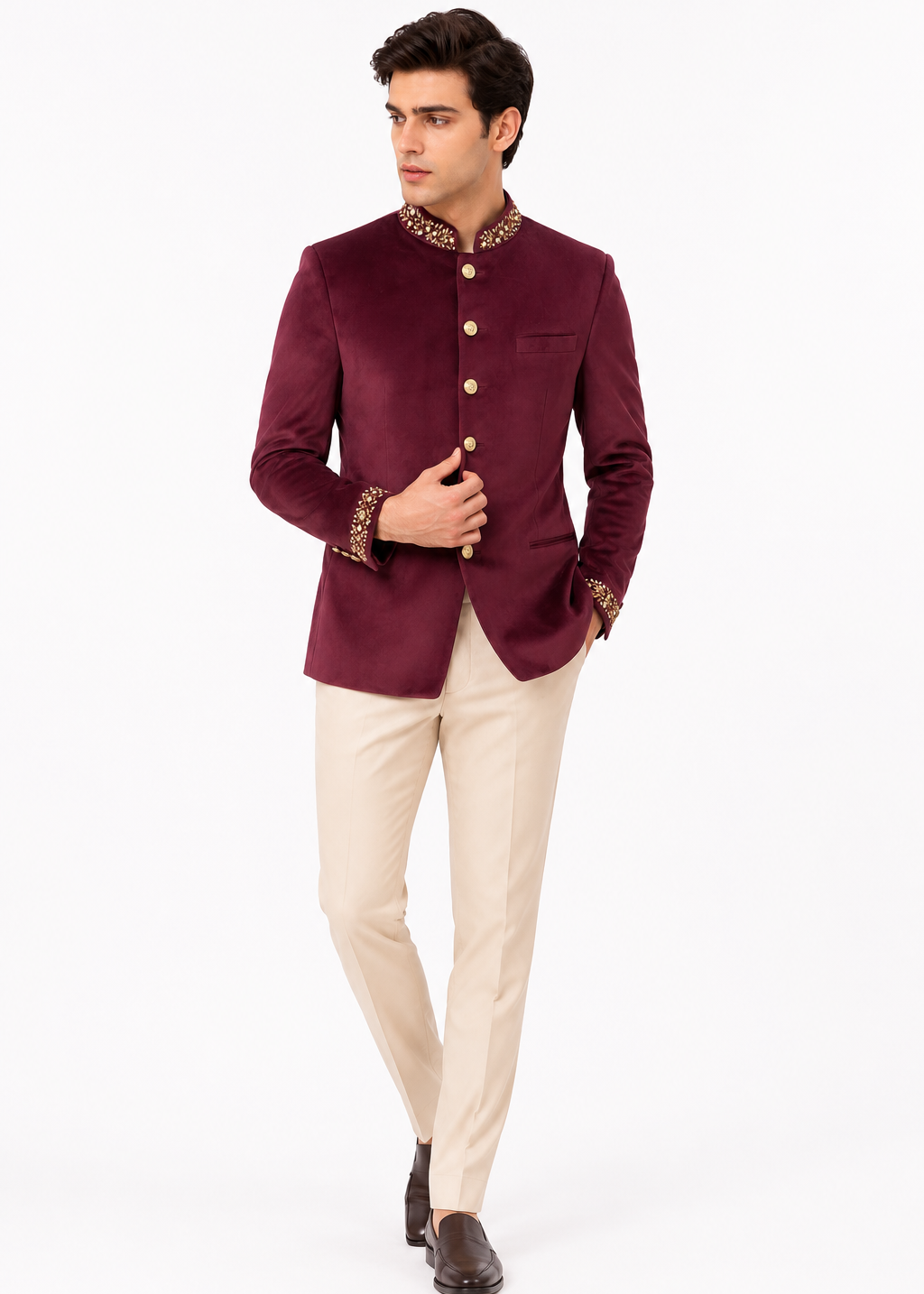 Deep Wine Velvet Jodhpuri with Embroidered Collar