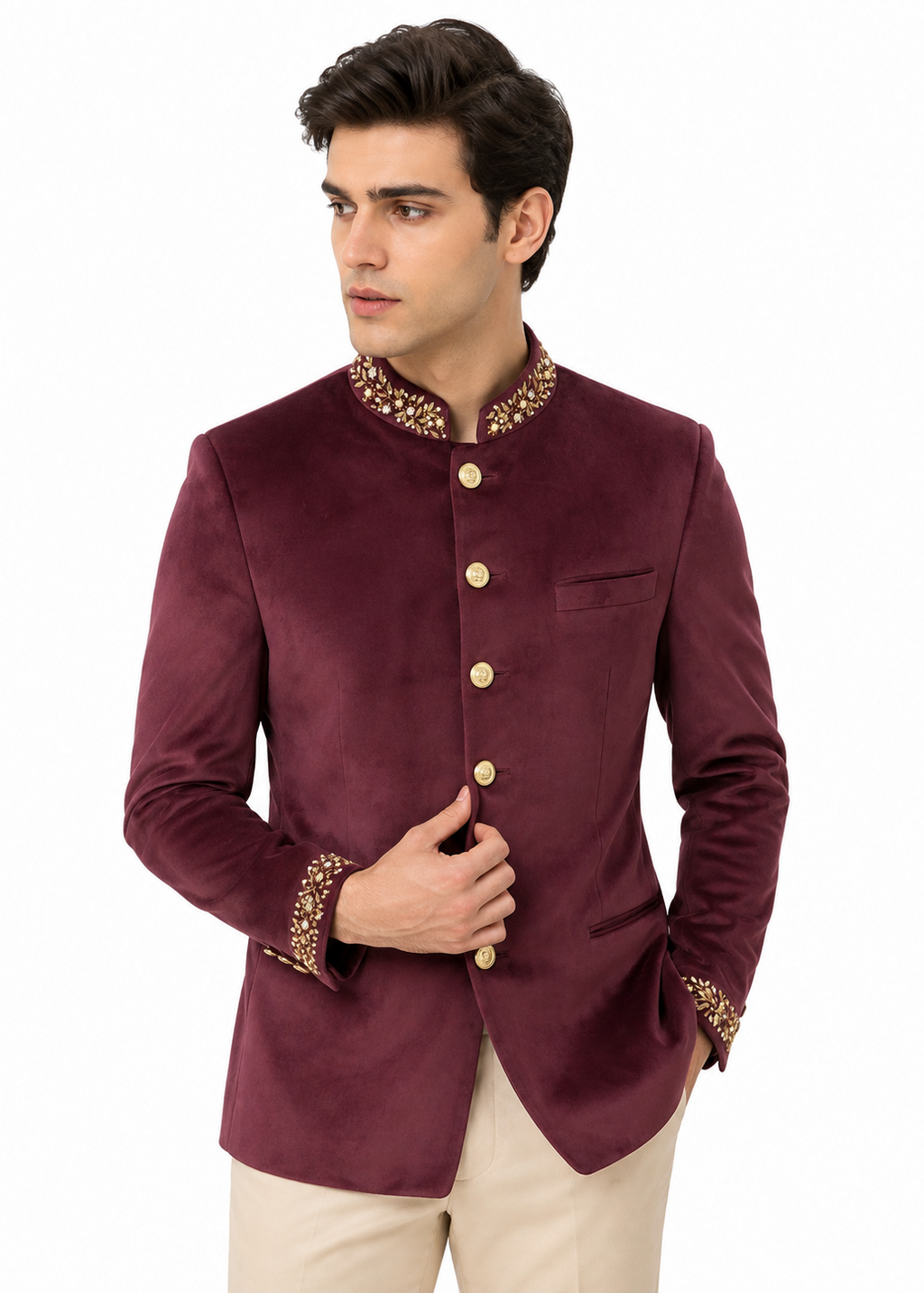 Deep Wine Velvet Jodhpuri with Embroidered Collar