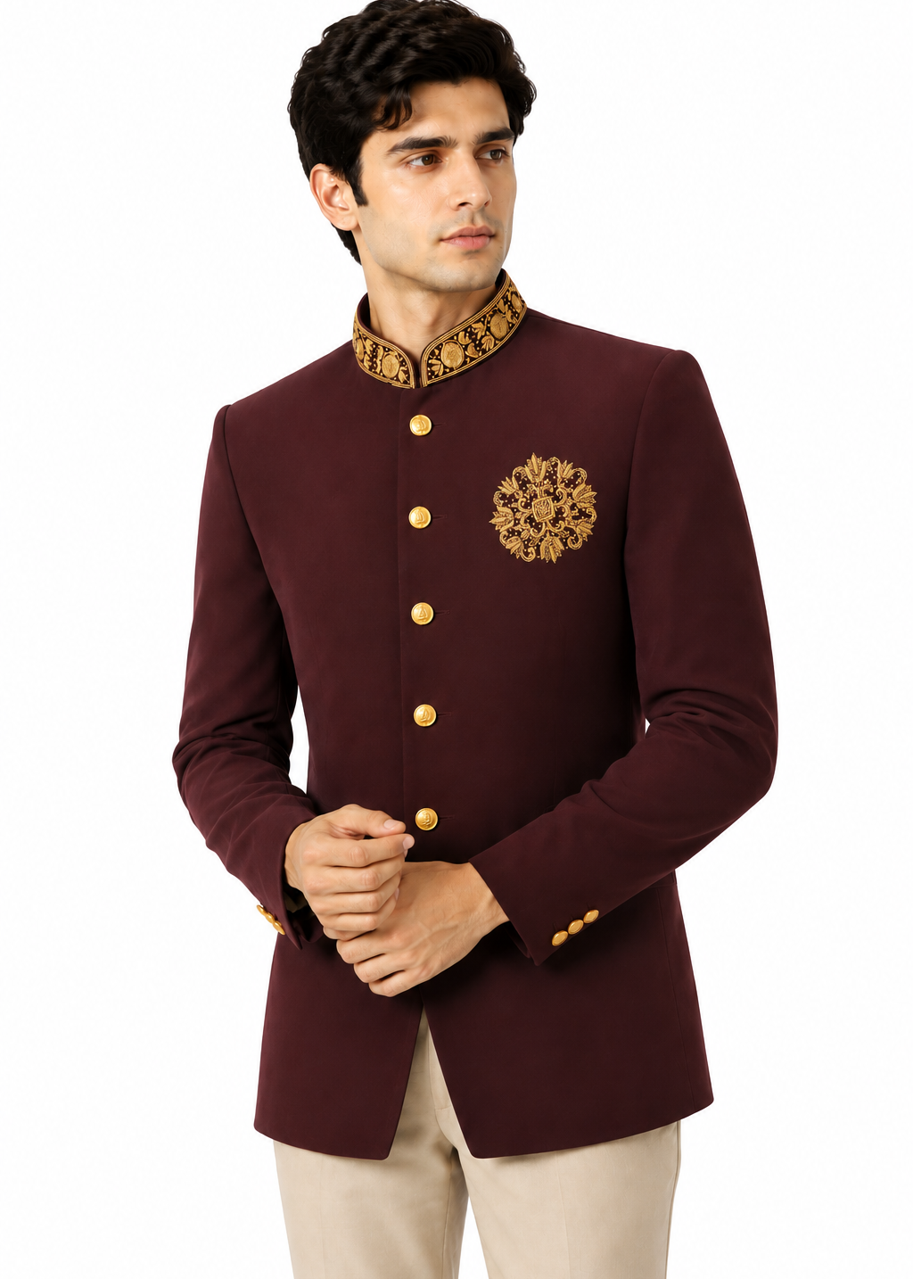 Royal Maroon Gold-Embroidered Bandhgala