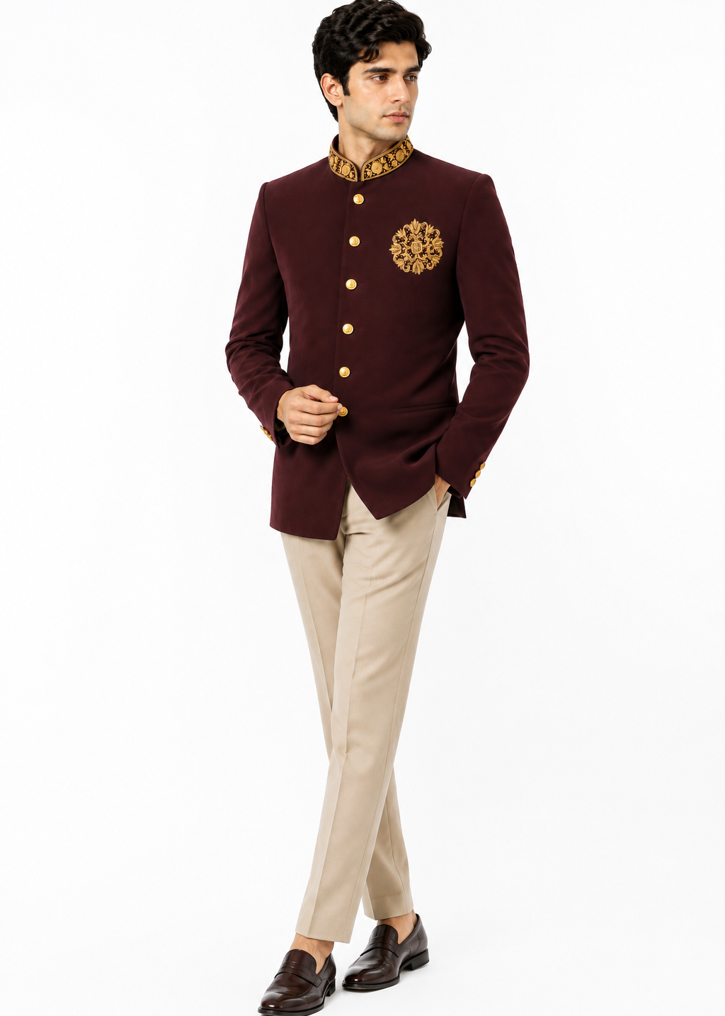 Royal Maroon Gold-Embroidered Bandhgala