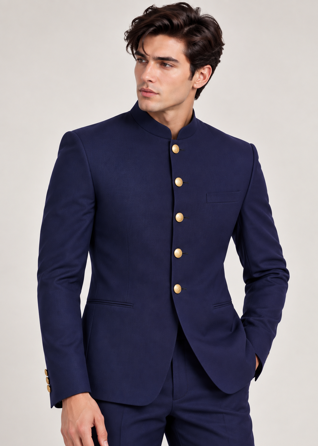 Navy Blue Solid Jodhpuri with Gold Buttons