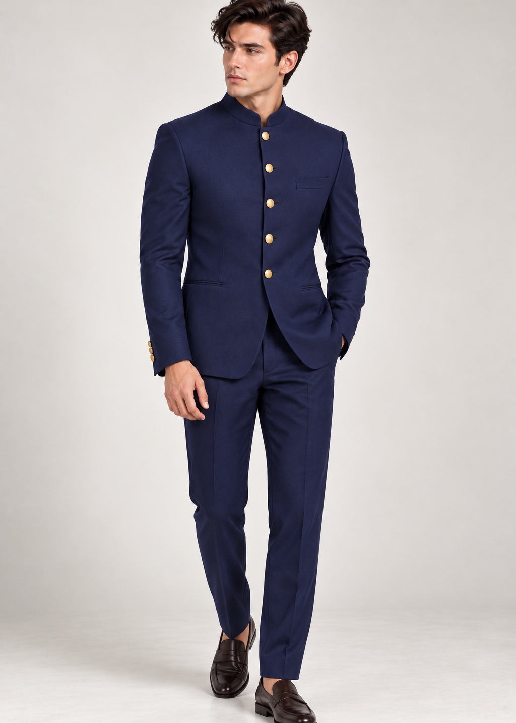 Navy Blue Solid Jodhpuri with Gold Buttons