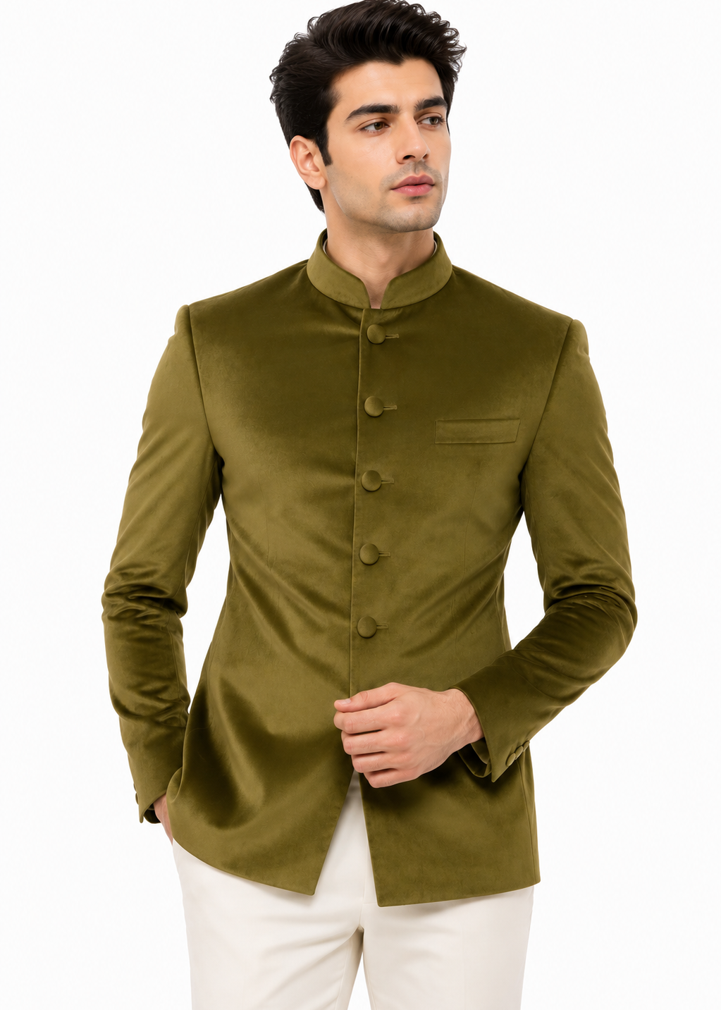 Olive Green Velvet Ethnic Bandhgala