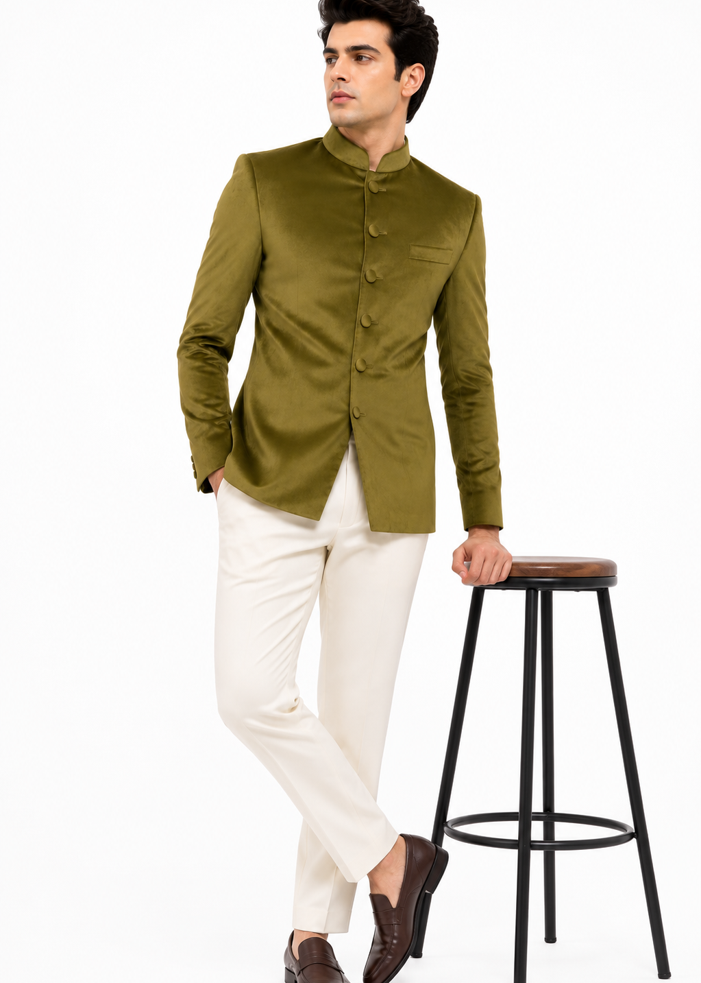 Olive Green Velvet Ethnic Bandhgala