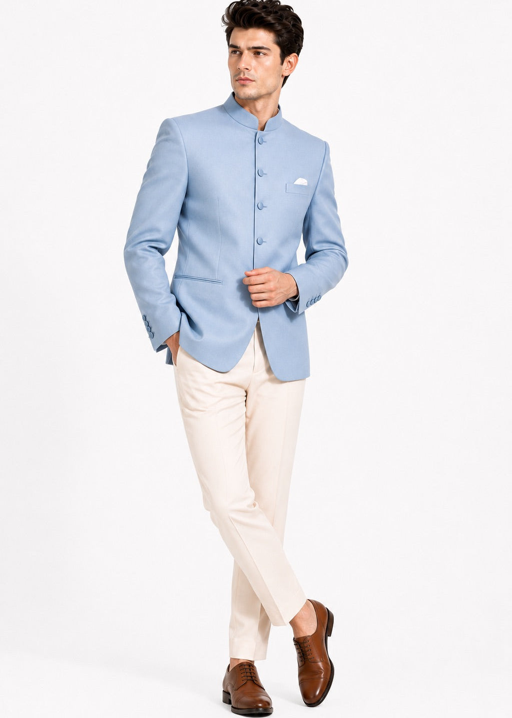 Soft Light Blue Jodhpuri Set with Off-White Trousers