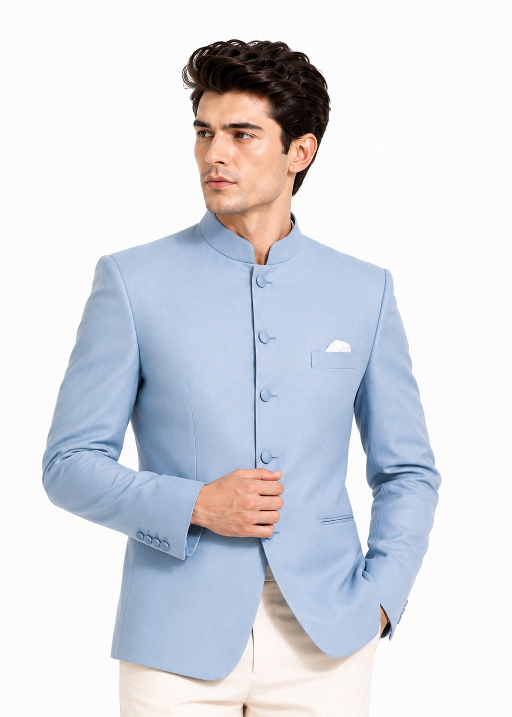 Soft Light Blue Jodhpuri Set with Off-White Trousers