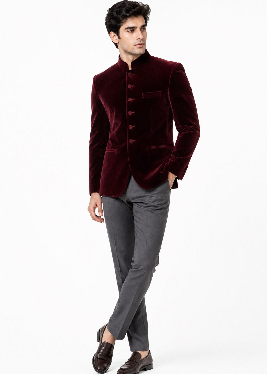 Burgundy Velvet Jodhpuri with Charcoal Trousers