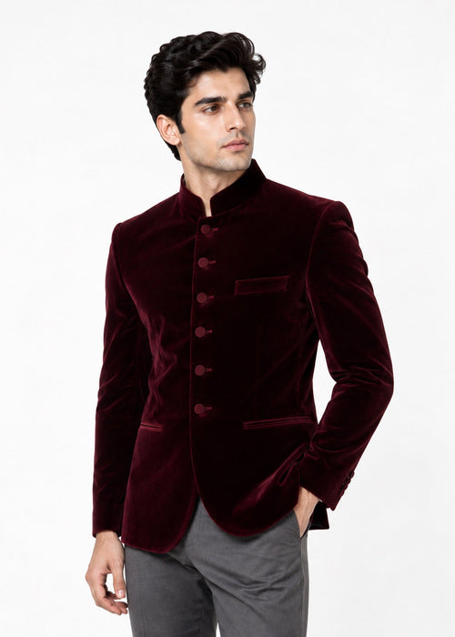 Burgundy Velvet Jodhpuri with Charcoal Trousers