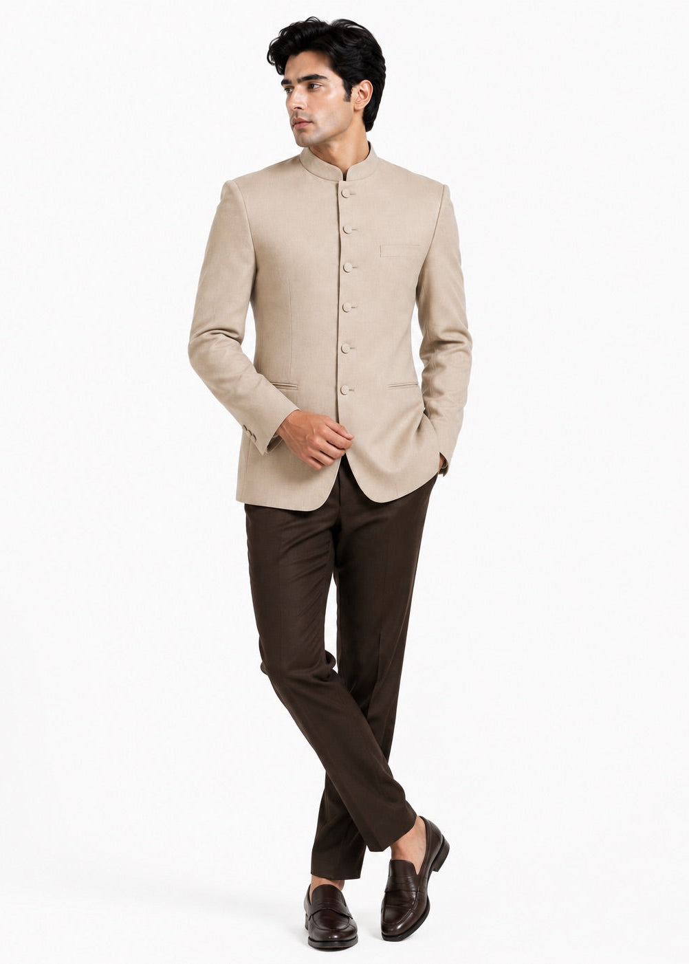 Beige Bandhgala Jacket with Dark Brown Trousers