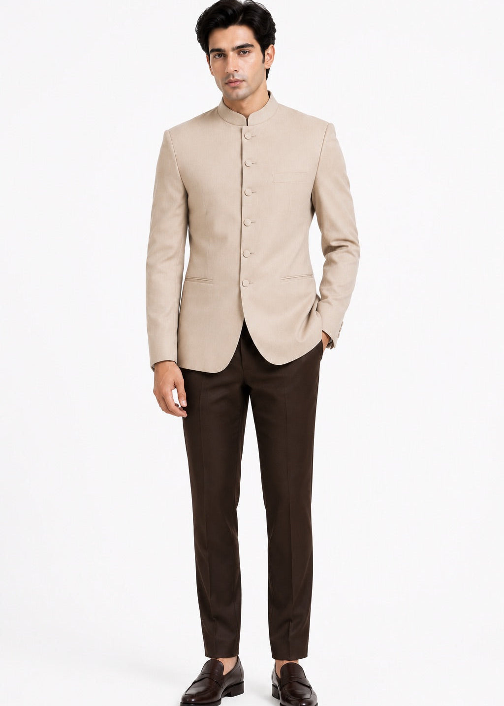 Beige Bandhgala Jacket with Dark Brown Trousers