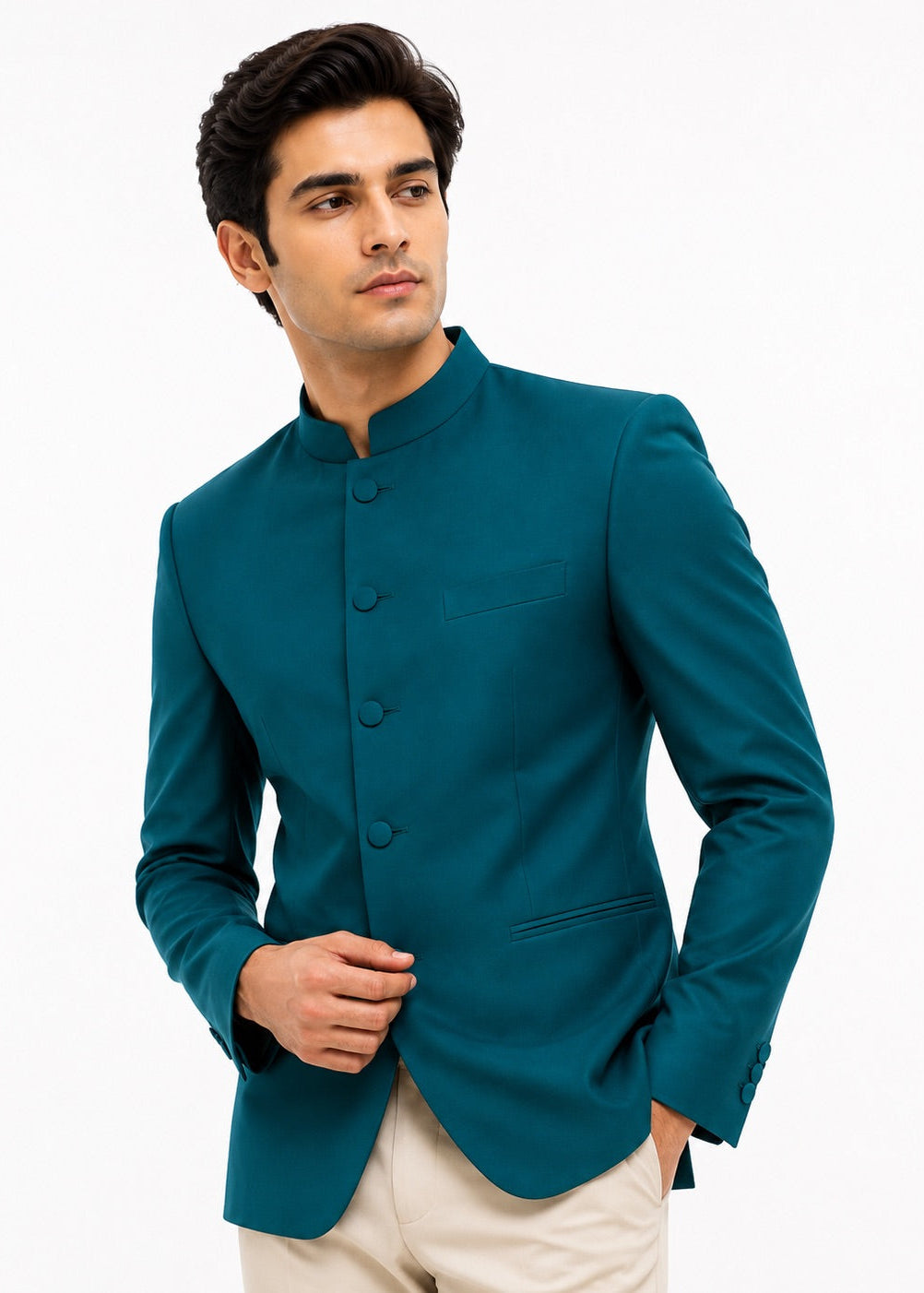 Peacock Blue Tailored Bandhgala Suit