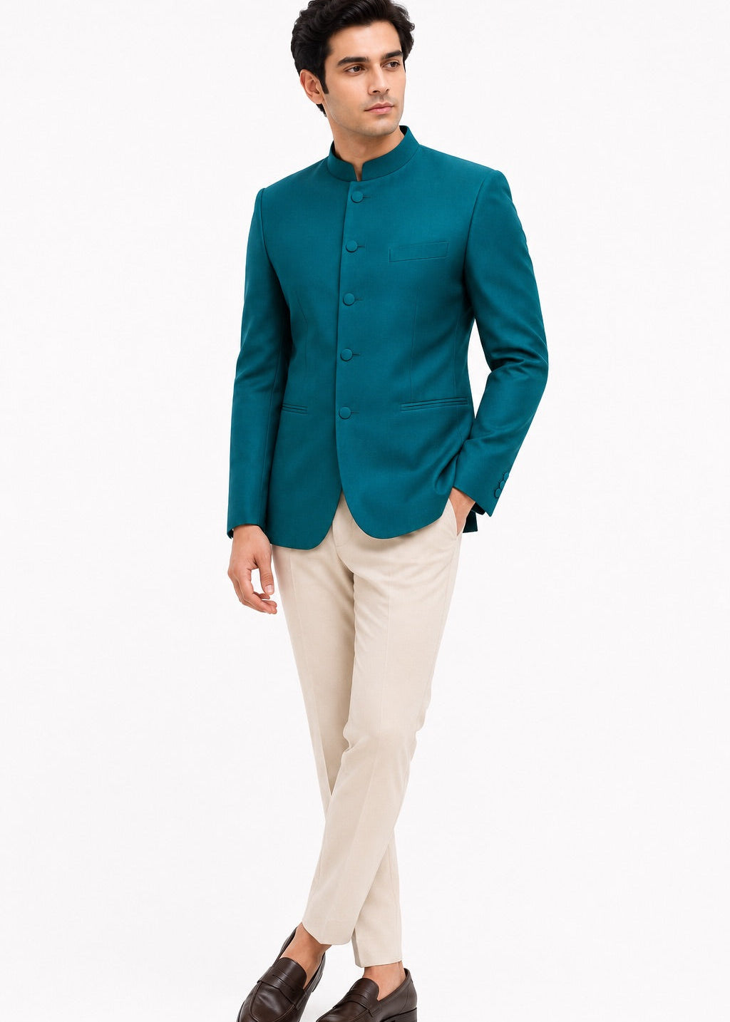 Peacock Blue Tailored Bandhgala Suit