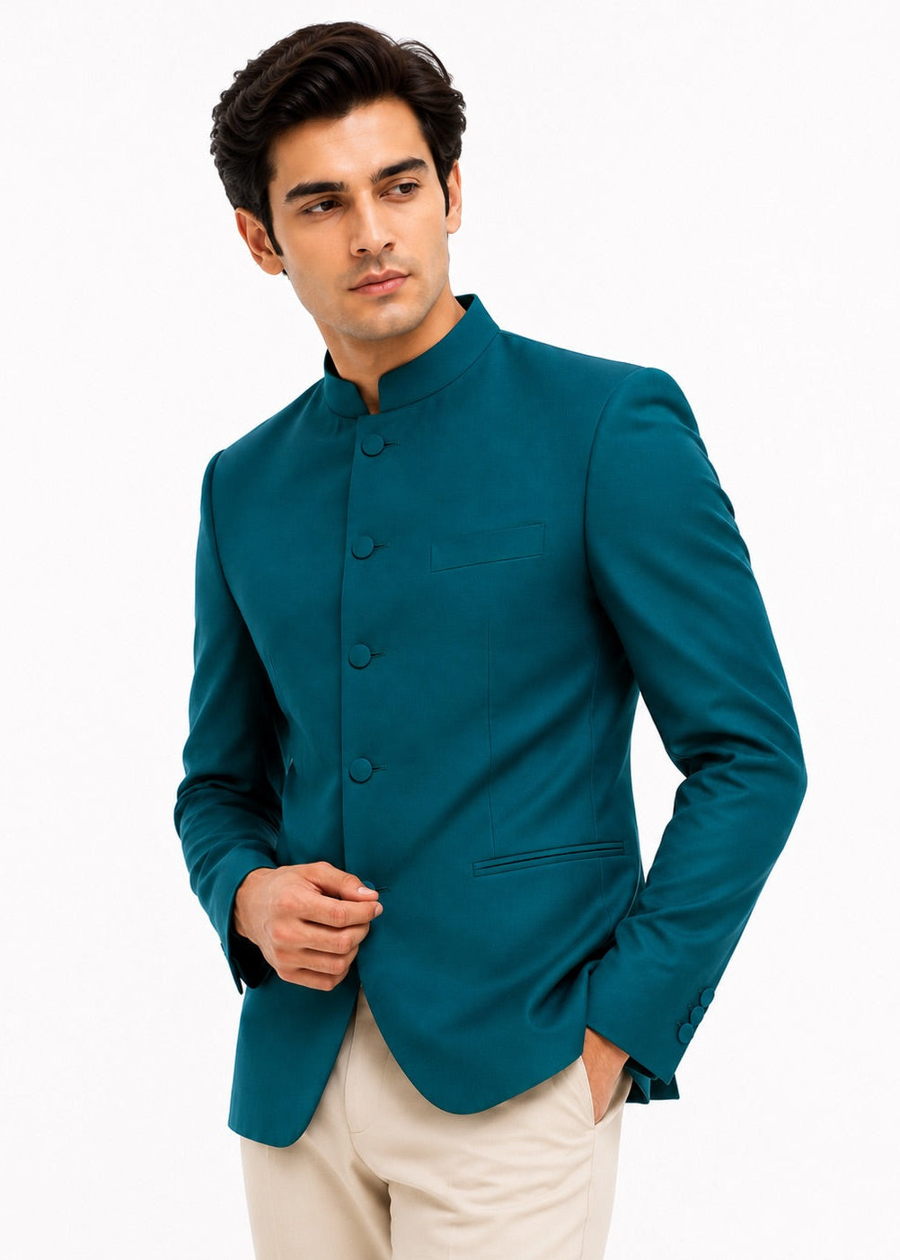 Peacock Blue Tailored Bandhgala Suit
