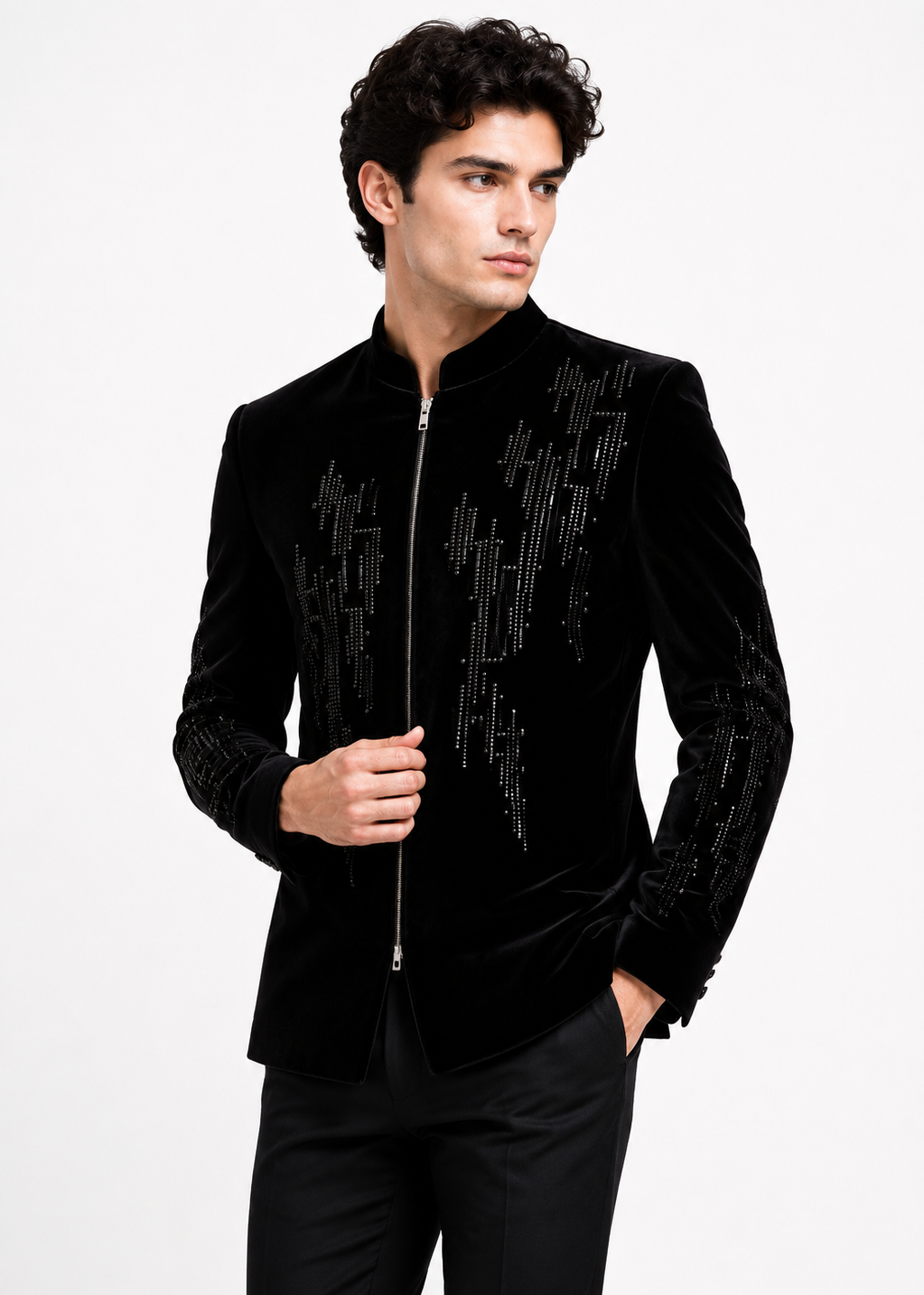 Black Velvet Zippered Embroidered Bandhgala Jacket