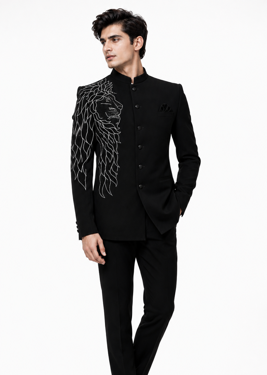 Black Lion Embroidered Bandhgala