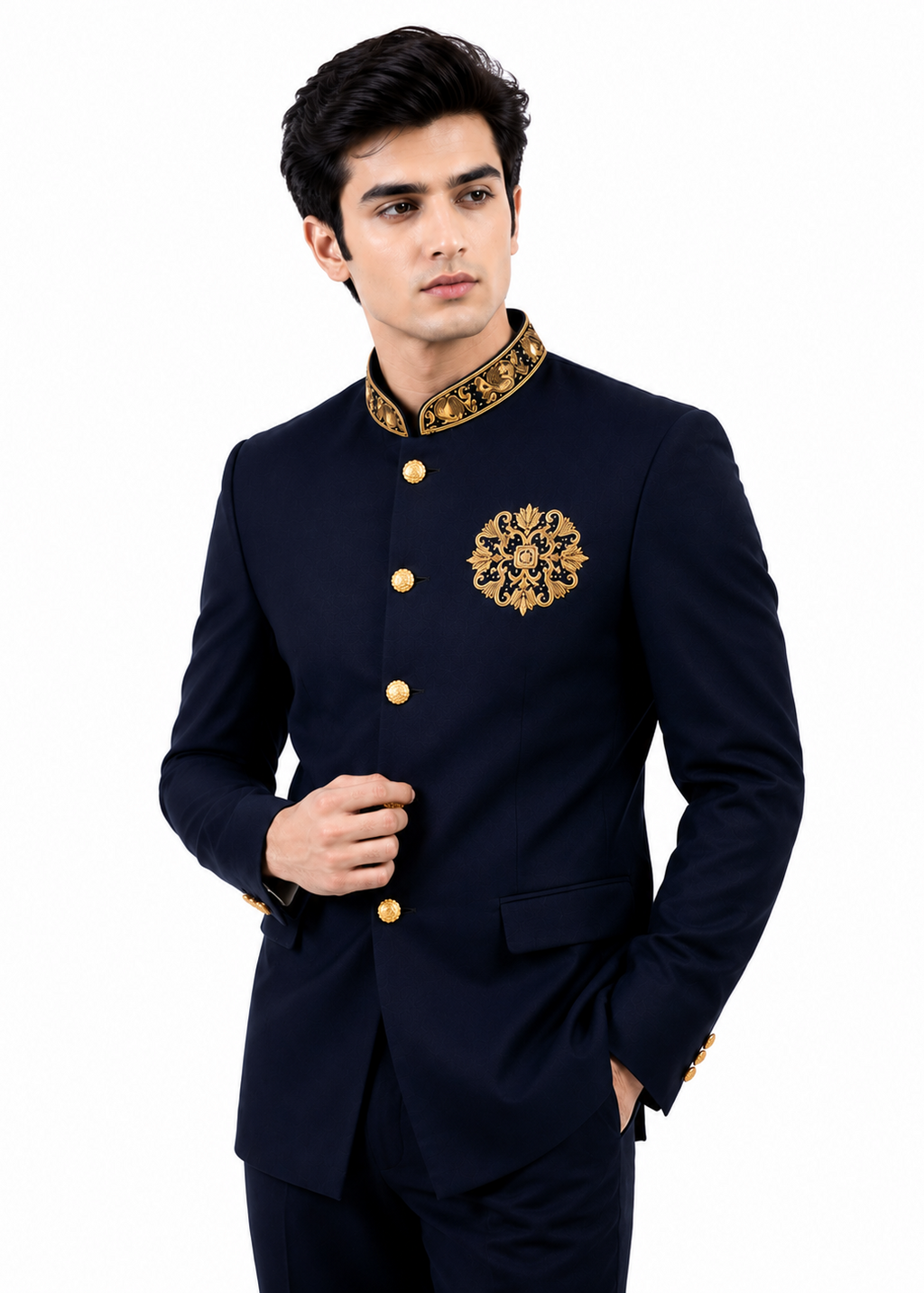 Navy Blue Bandhgala with Gold Embroidery