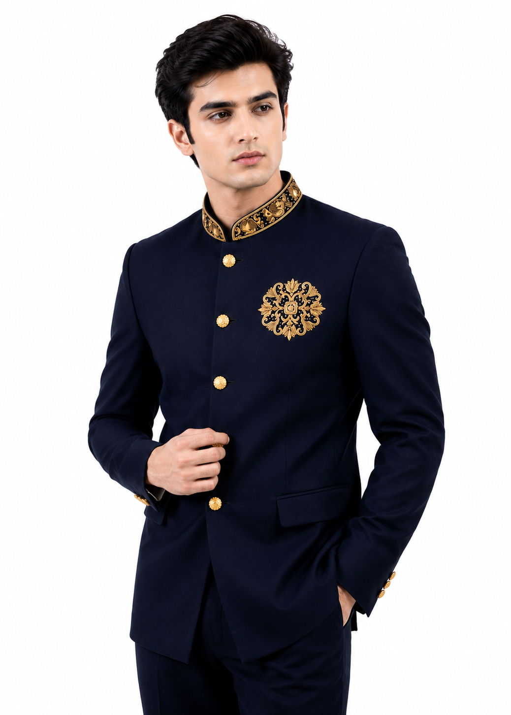 Navy Blue Bandhgala with Gold Embroidery