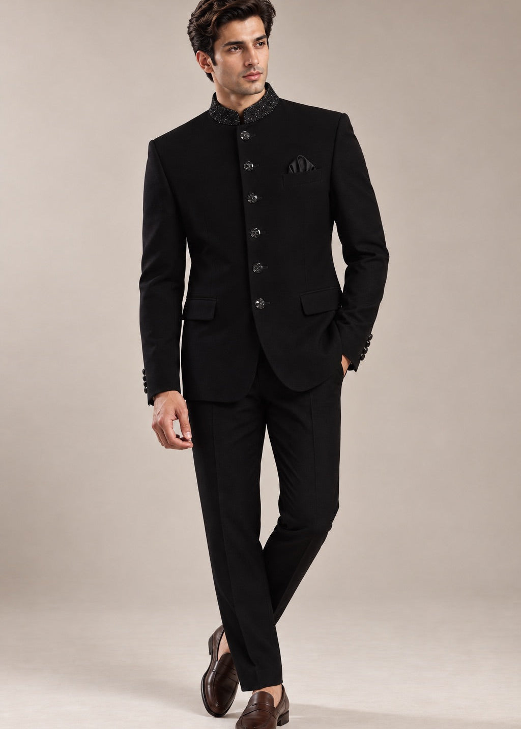 Jet Black Jodhpuri Suit with Bead Embroidery