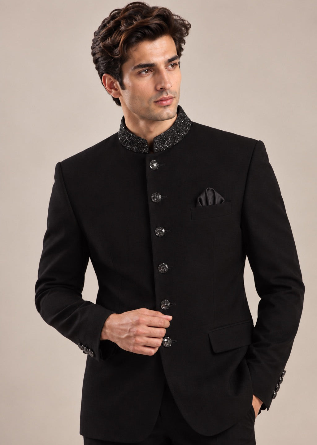Jet Black Jodhpuri Suit with Bead Embroidery