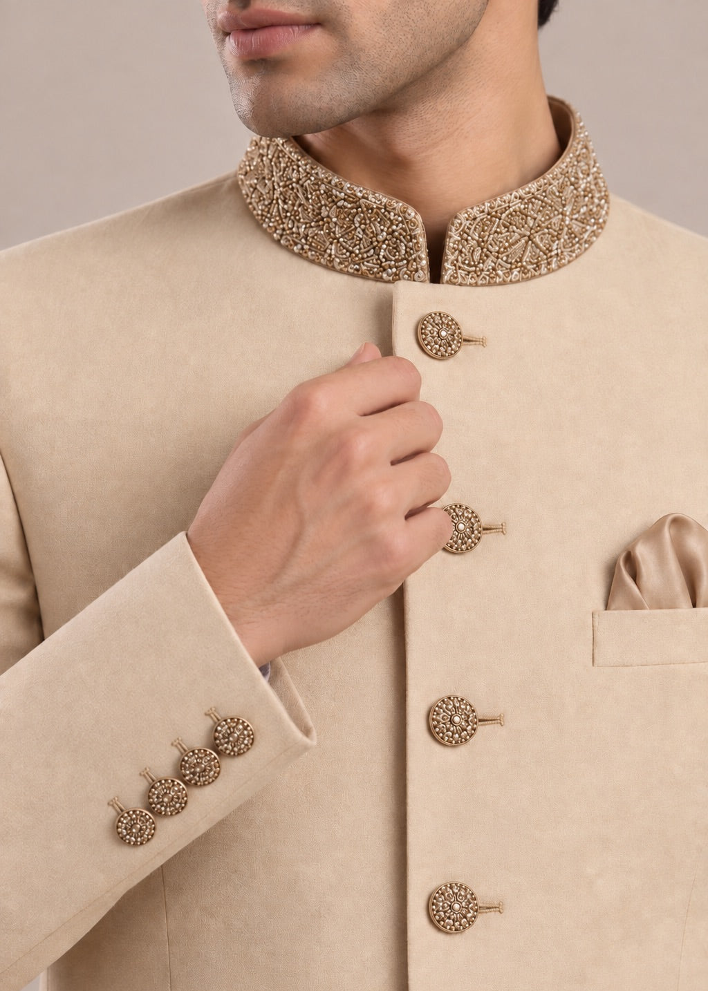 Beige Embroidered Collar Jodhpuri Suit