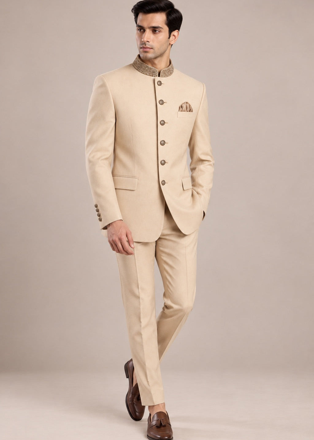 Beige Embroidered Collar Jodhpuri Suit