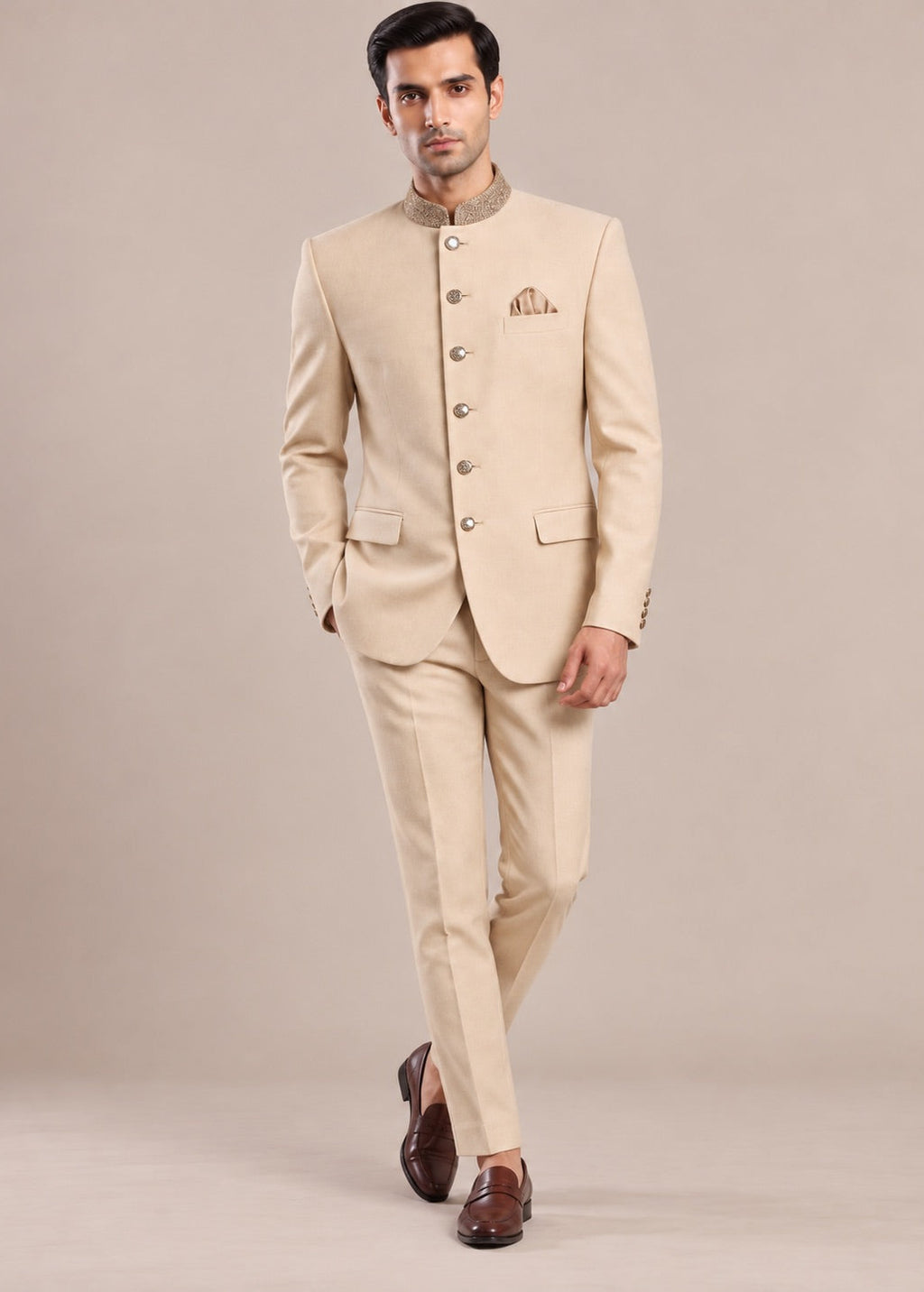 Beige Embroidered Collar Jodhpuri Suit