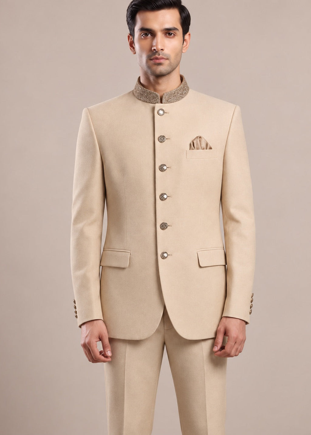 Beige Embroidered Collar Jodhpuri Suit