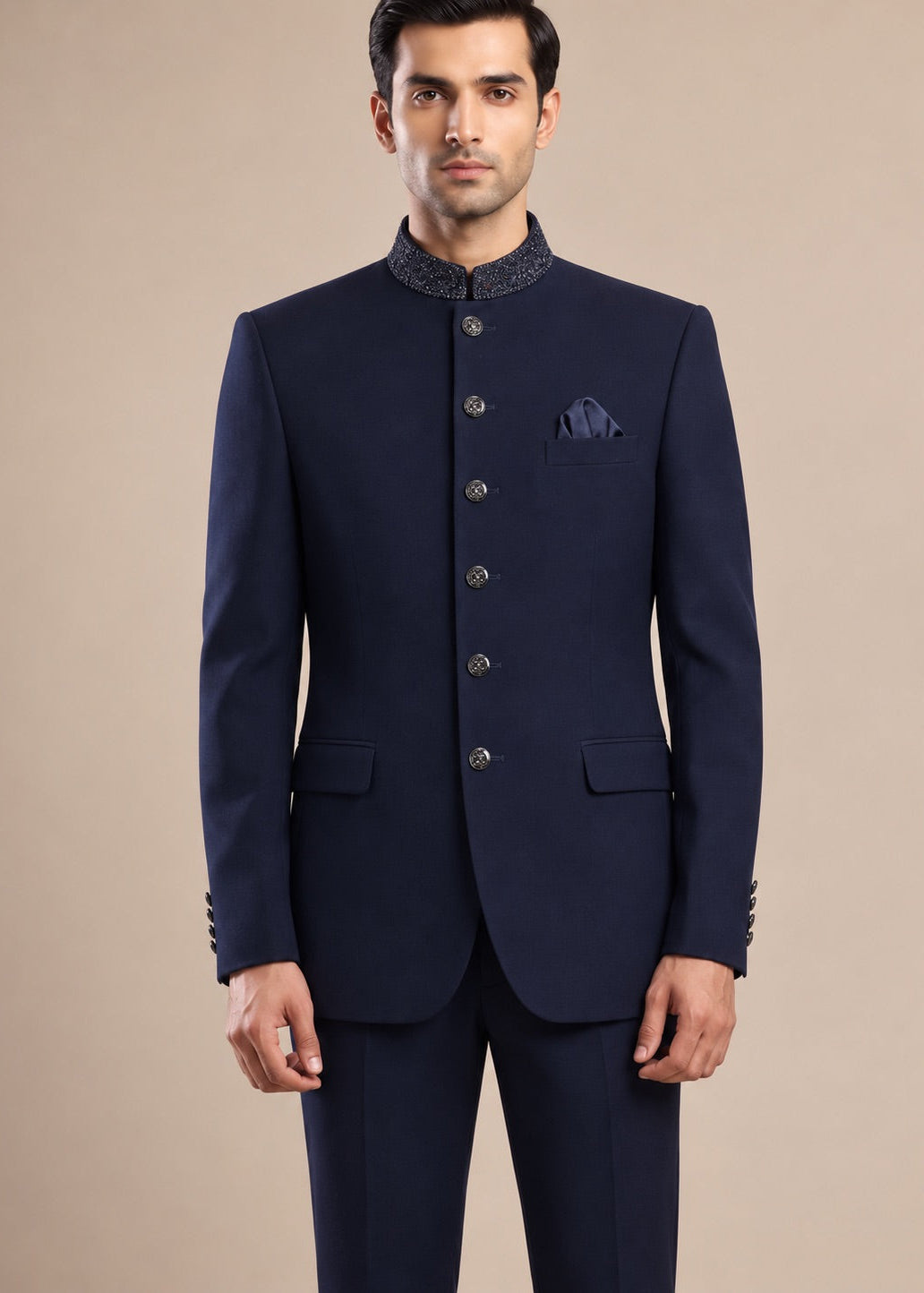Midnight Blue Beaded Collar Jodhpuri Suit