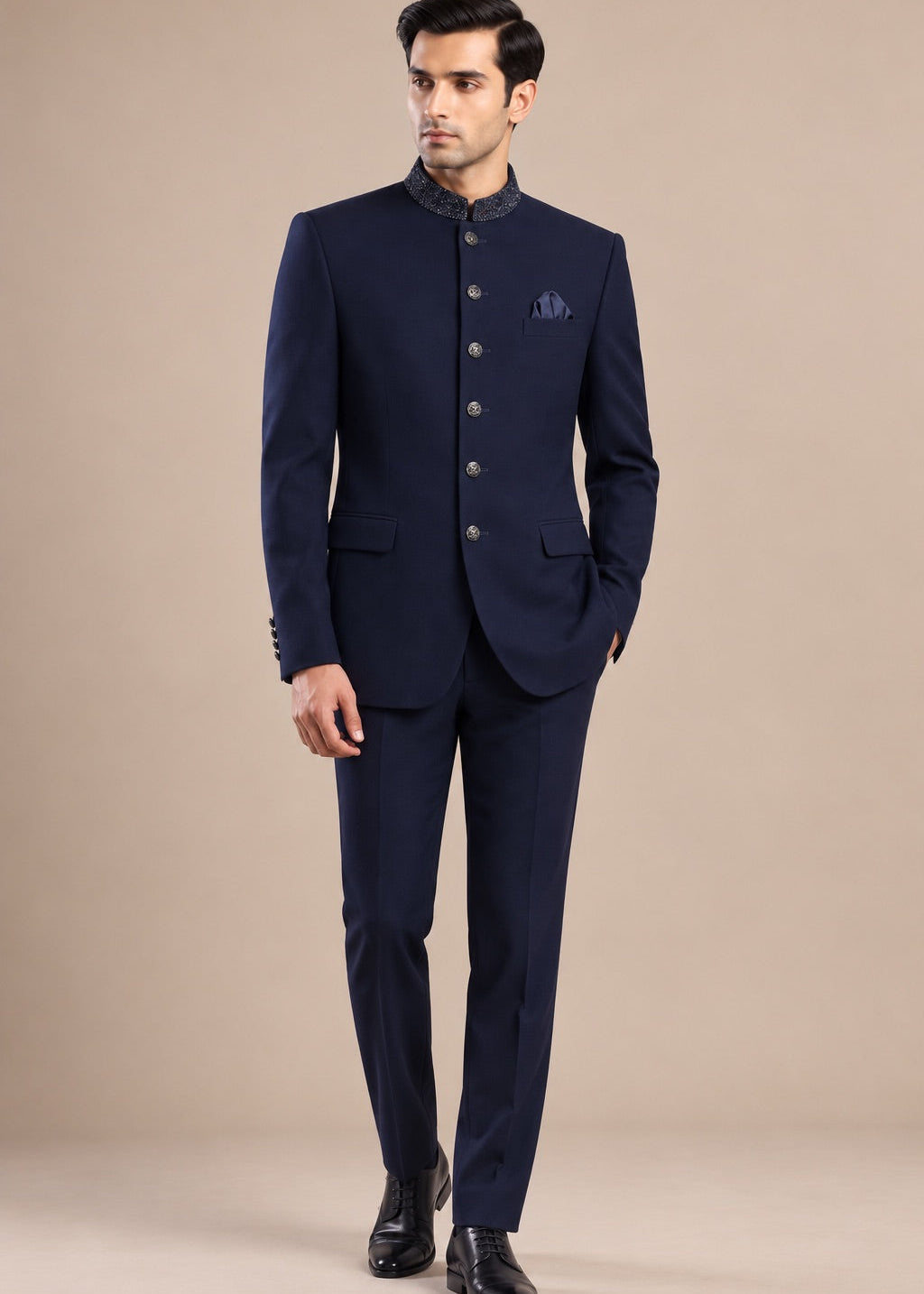 Midnight Blue Beaded Collar Jodhpuri Suit