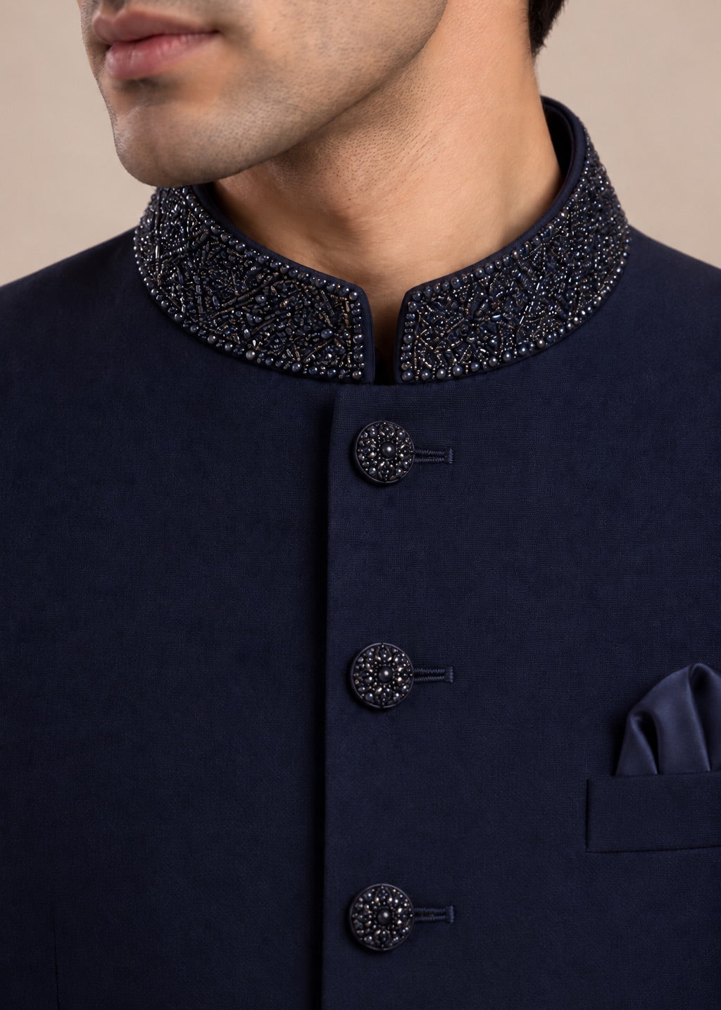 Midnight Blue Beaded Collar Jodhpuri Suit