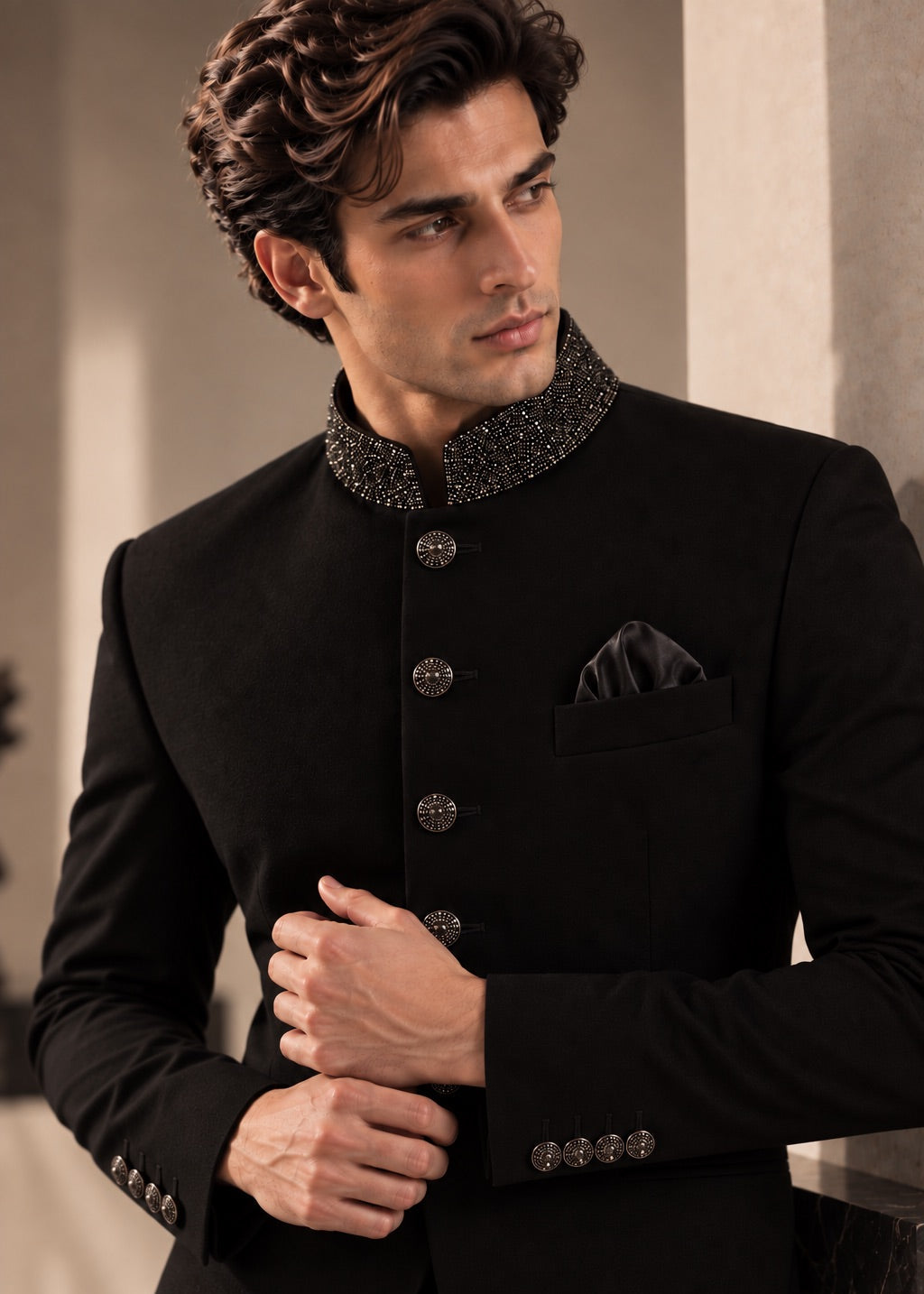 Jet Black Jodhpuri Suit with Bead Embroidery