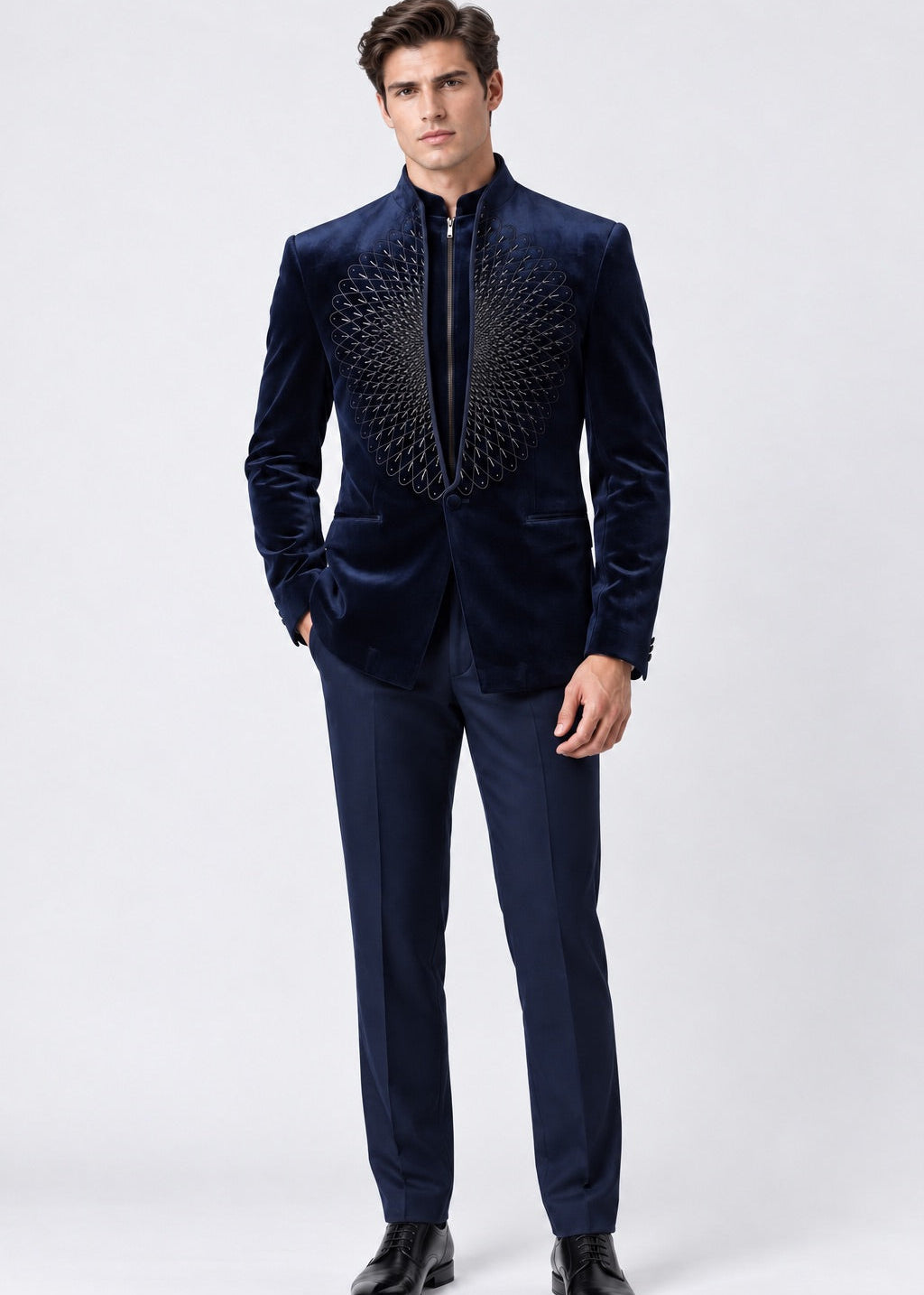 Midnight Blue Velvet Geometric Embroidered Zipper Bandhgala Jacket