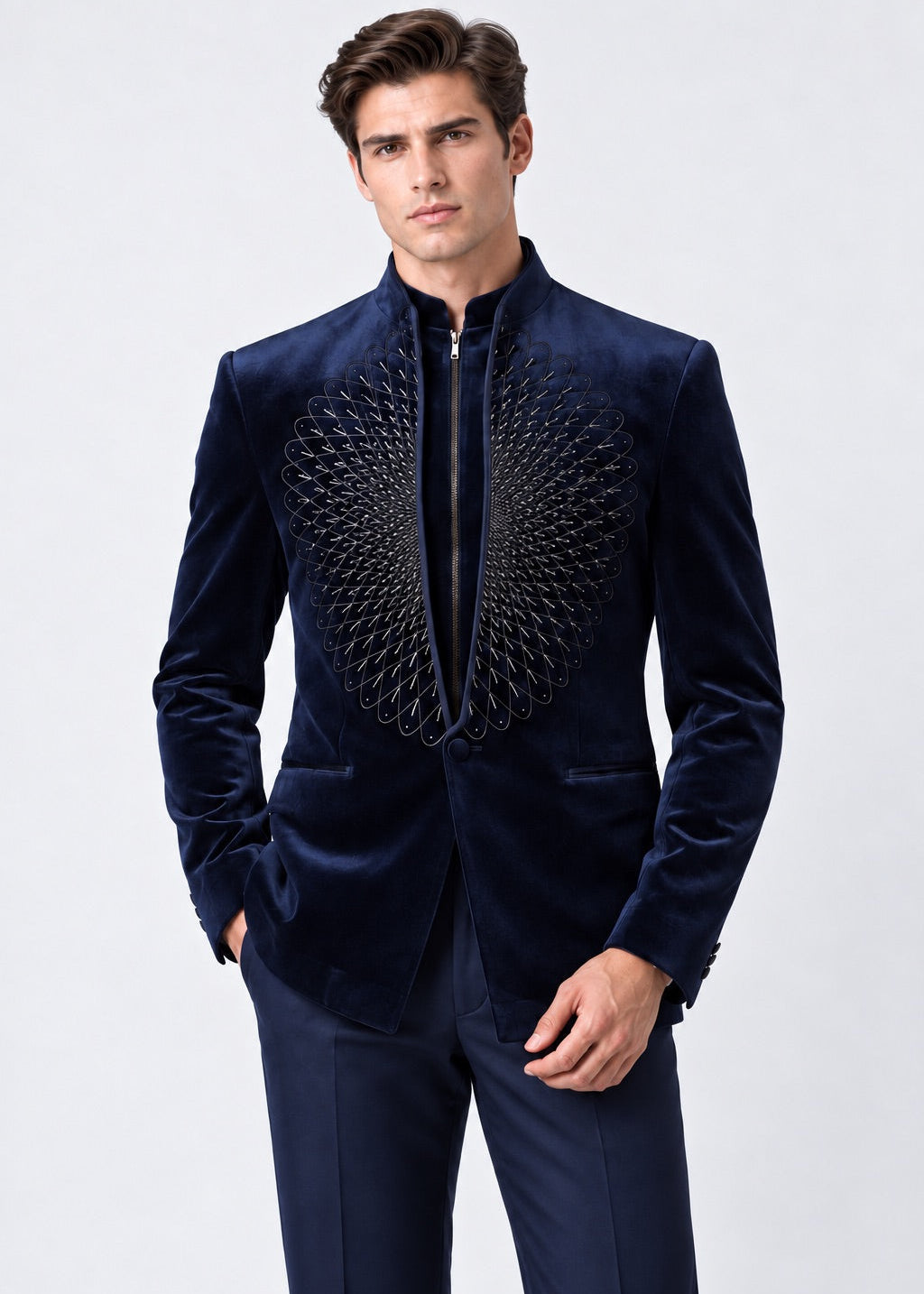 Midnight Blue Velvet Geometric Embroidered Zipper Bandhgala Jacket