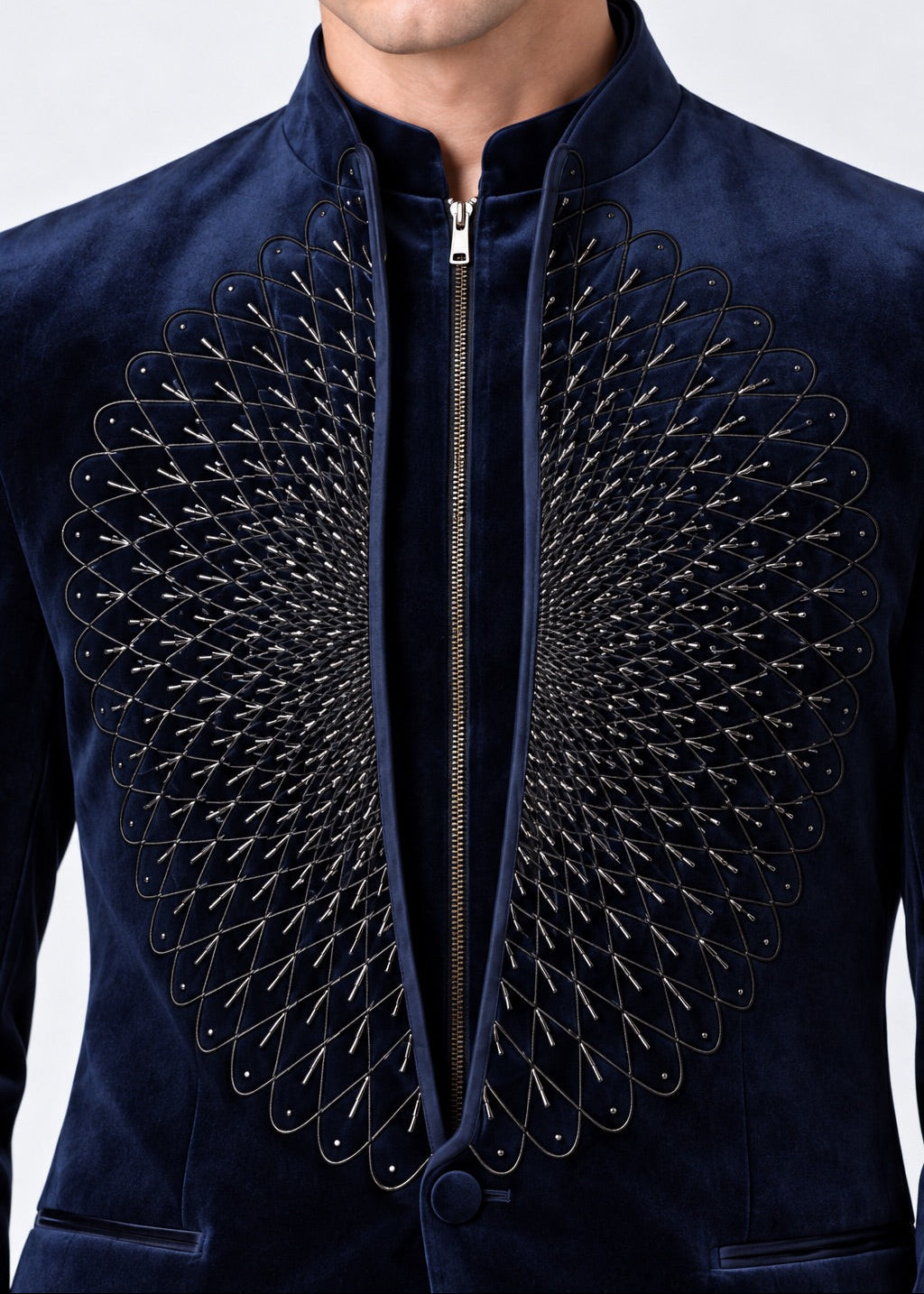 Midnight Blue Velvet Geometric Embroidered Zipper Bandhgala Jacket