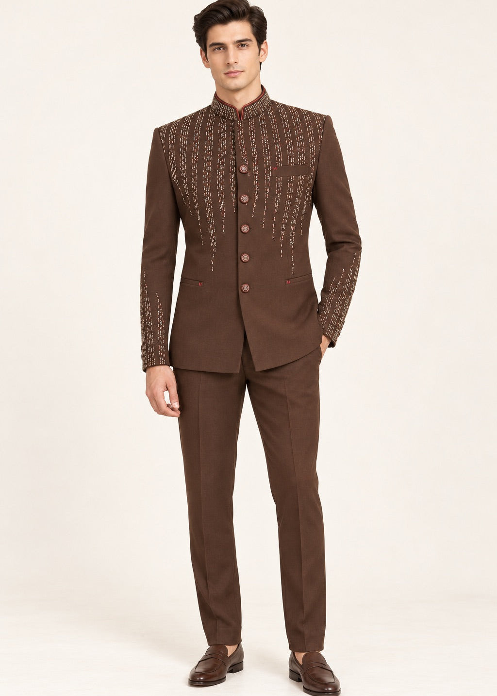 Chocolate Brown Hand Embroidered Bandhgala Set