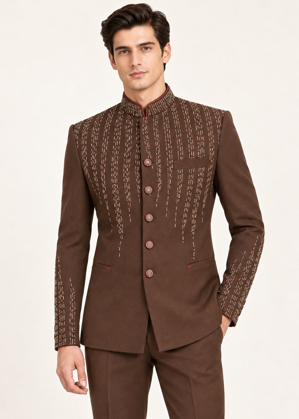 Chocolate Brown Hand Embroidered Bandhgala Set