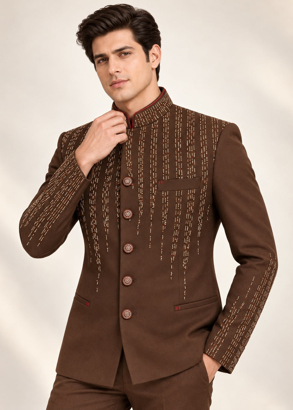 Chocolate Brown Hand Embroidered Bandhgala Set