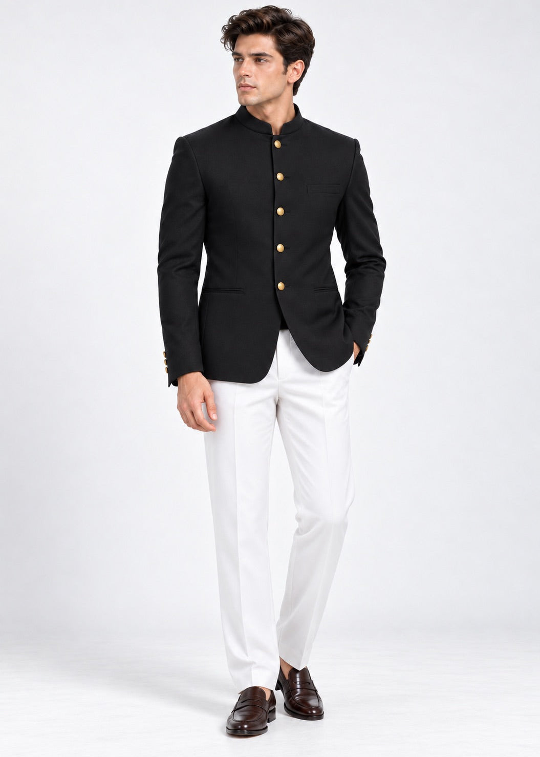 Black Jodhpuri Jacket with Off-White Trousers
