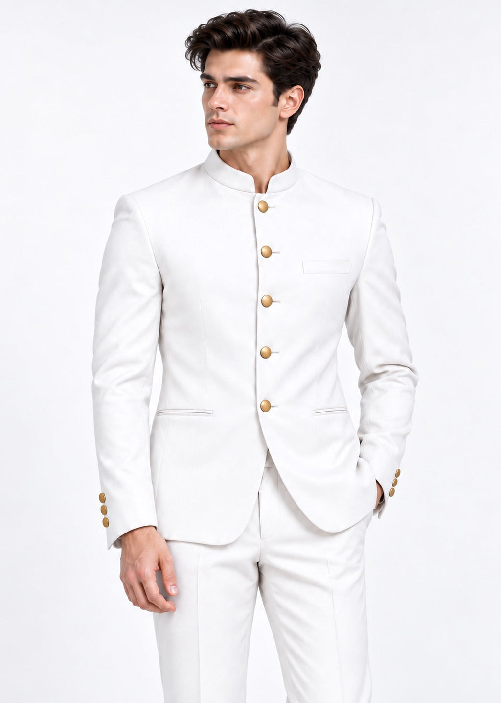 Off White Bandhgala Jodhpuri Suit for Men with Gold Buttons